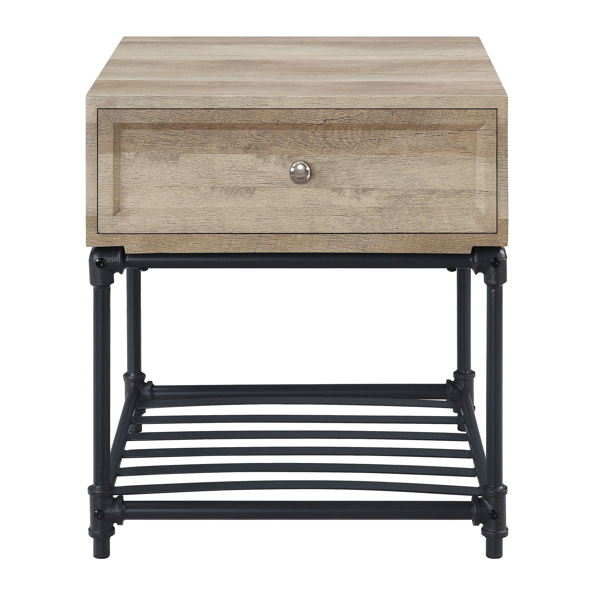 Rustic wood grain bedside table with metal pipe legs and a single drawer