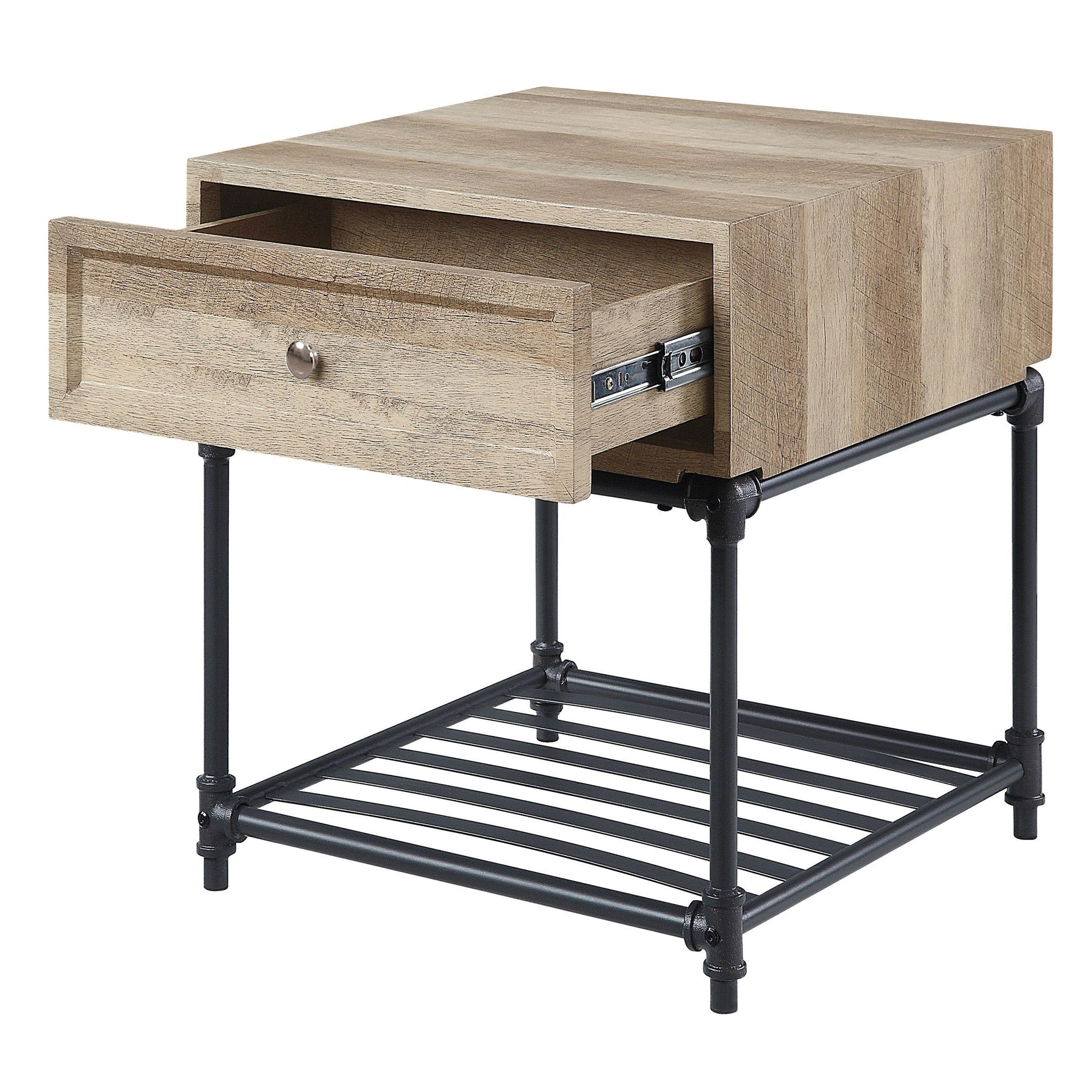 Rustic oak veneer end table with one open drawer and a metal pipe base shelf
