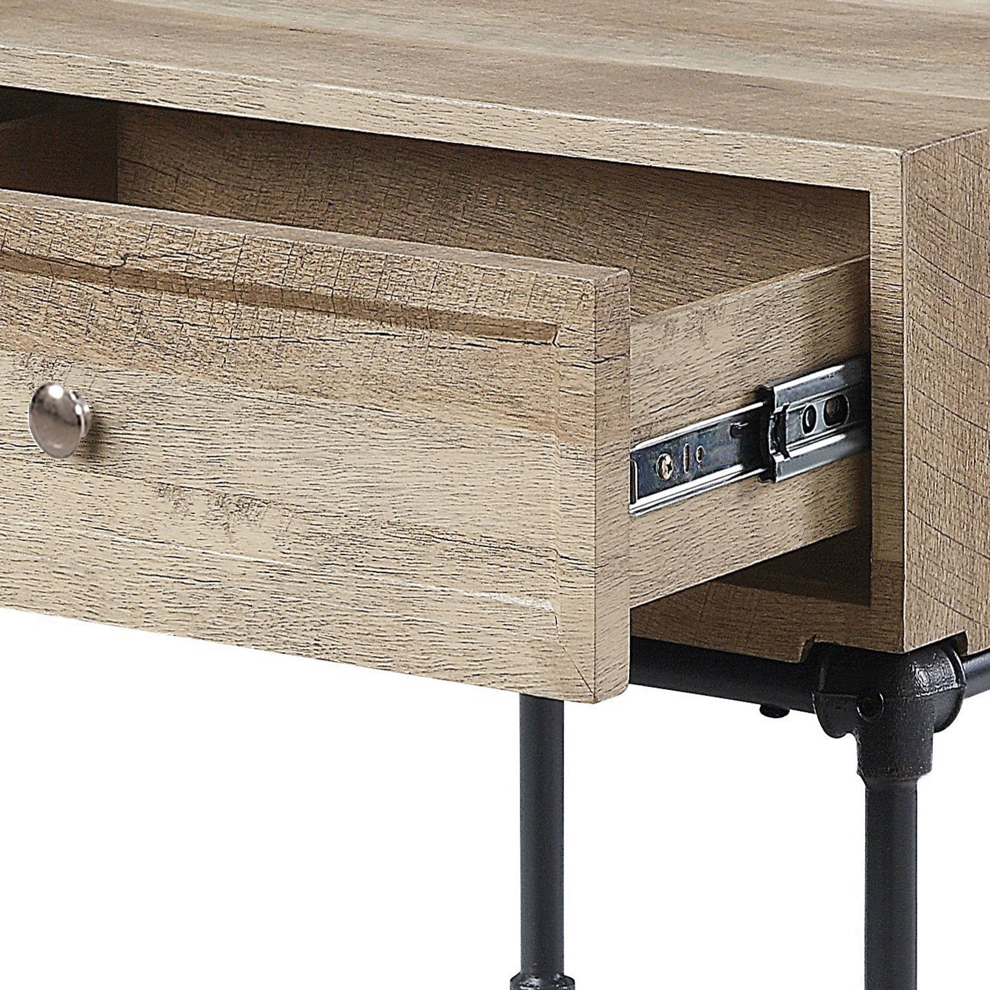 Light brown wood grain desk drawer with metal runner and silver knob