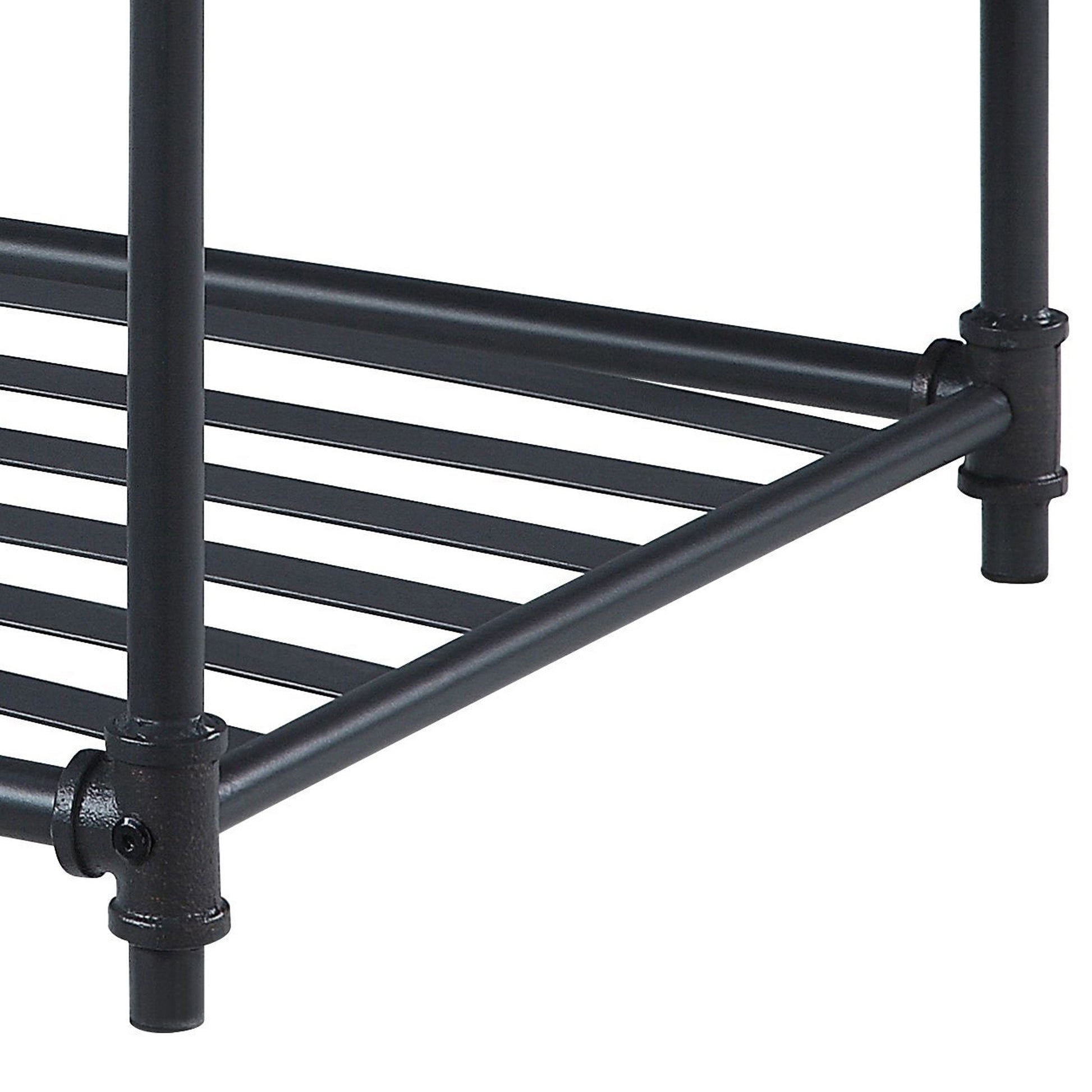 Black metal pipe shelving unit with multiple horizontal bars for storage