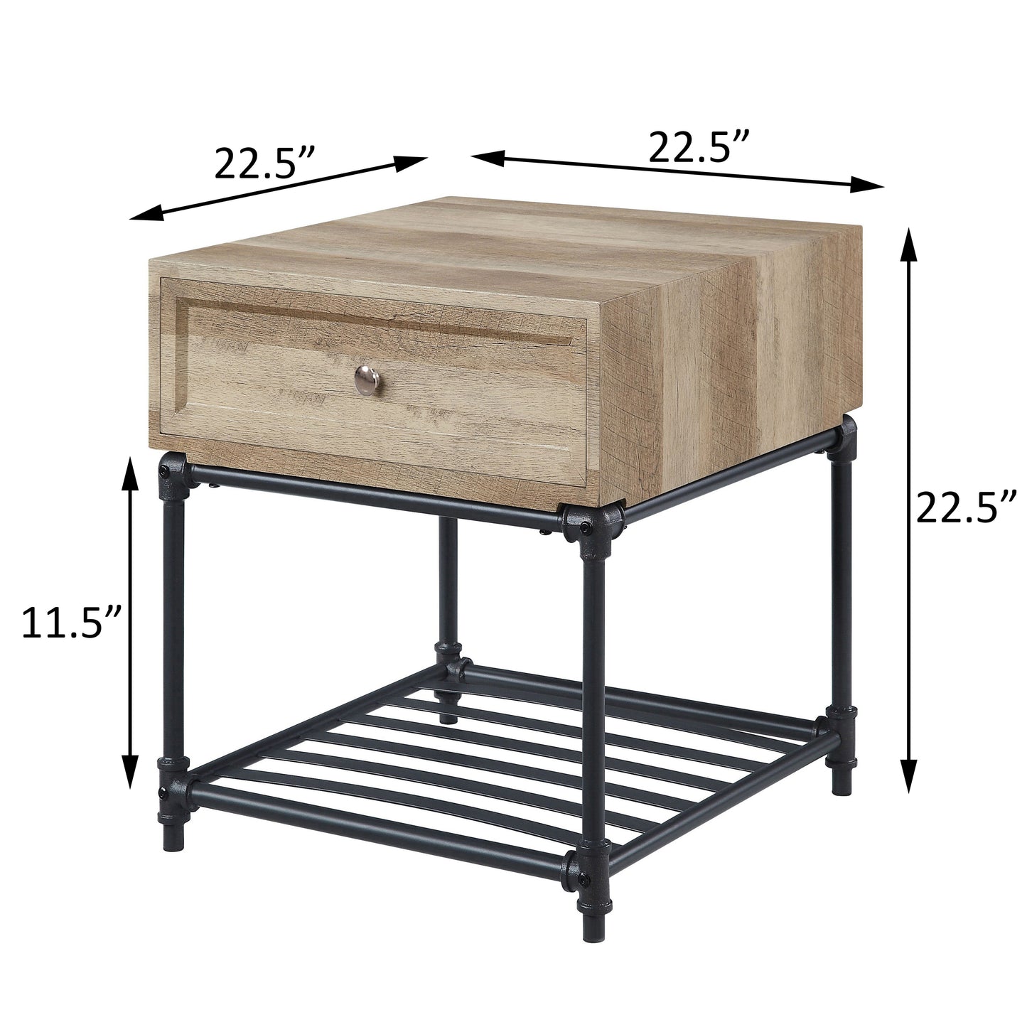 Rustic oak wood end table with black pipe legs and drawer