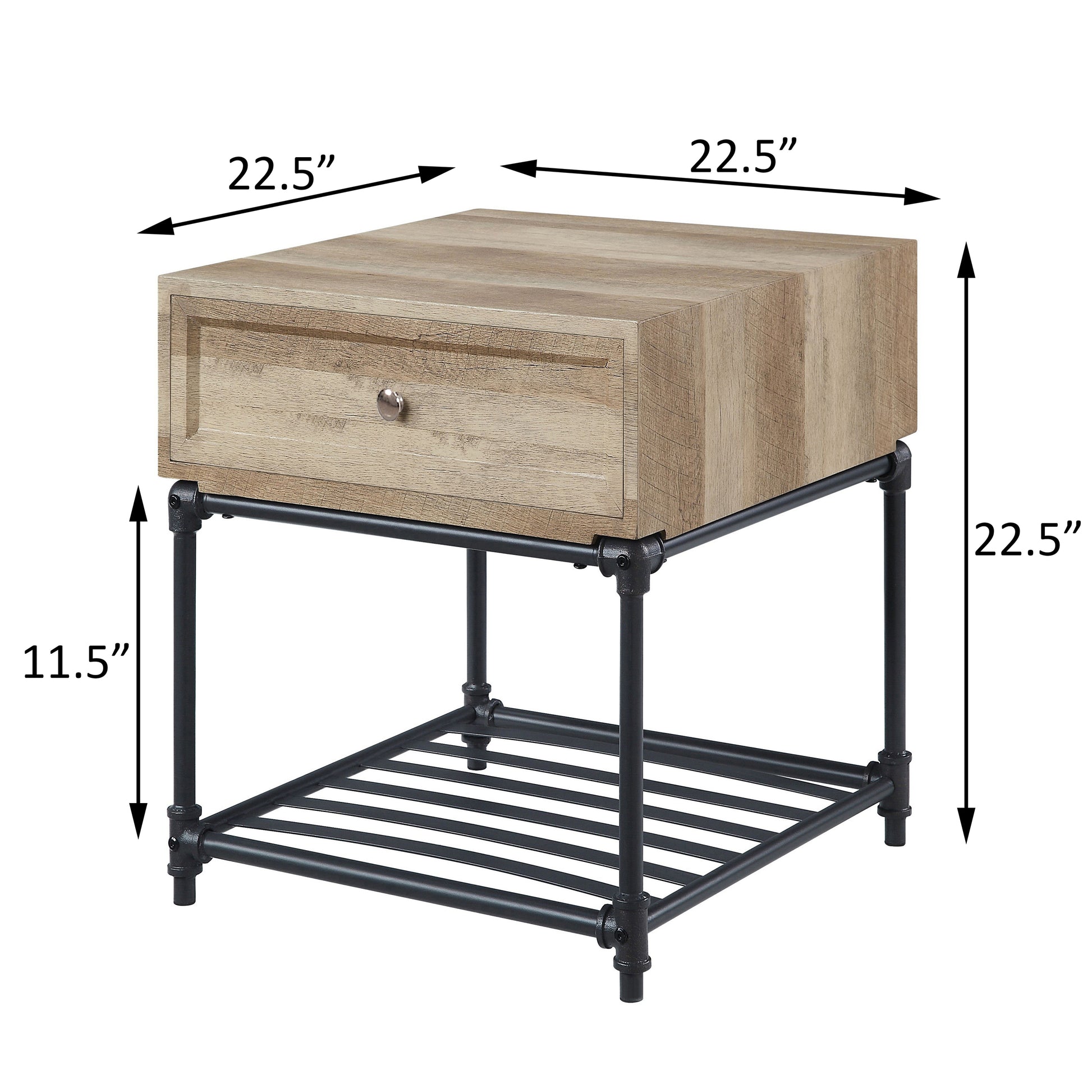 Rustic oak wood end table with black pipe legs and drawer