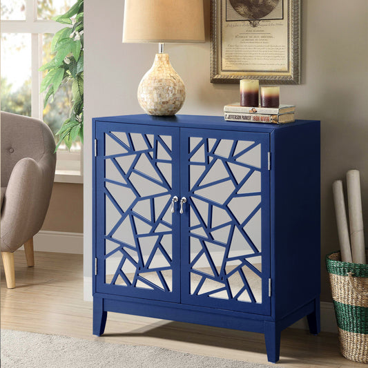Navy blue cabinet with mirrored geometric doors and silver handles