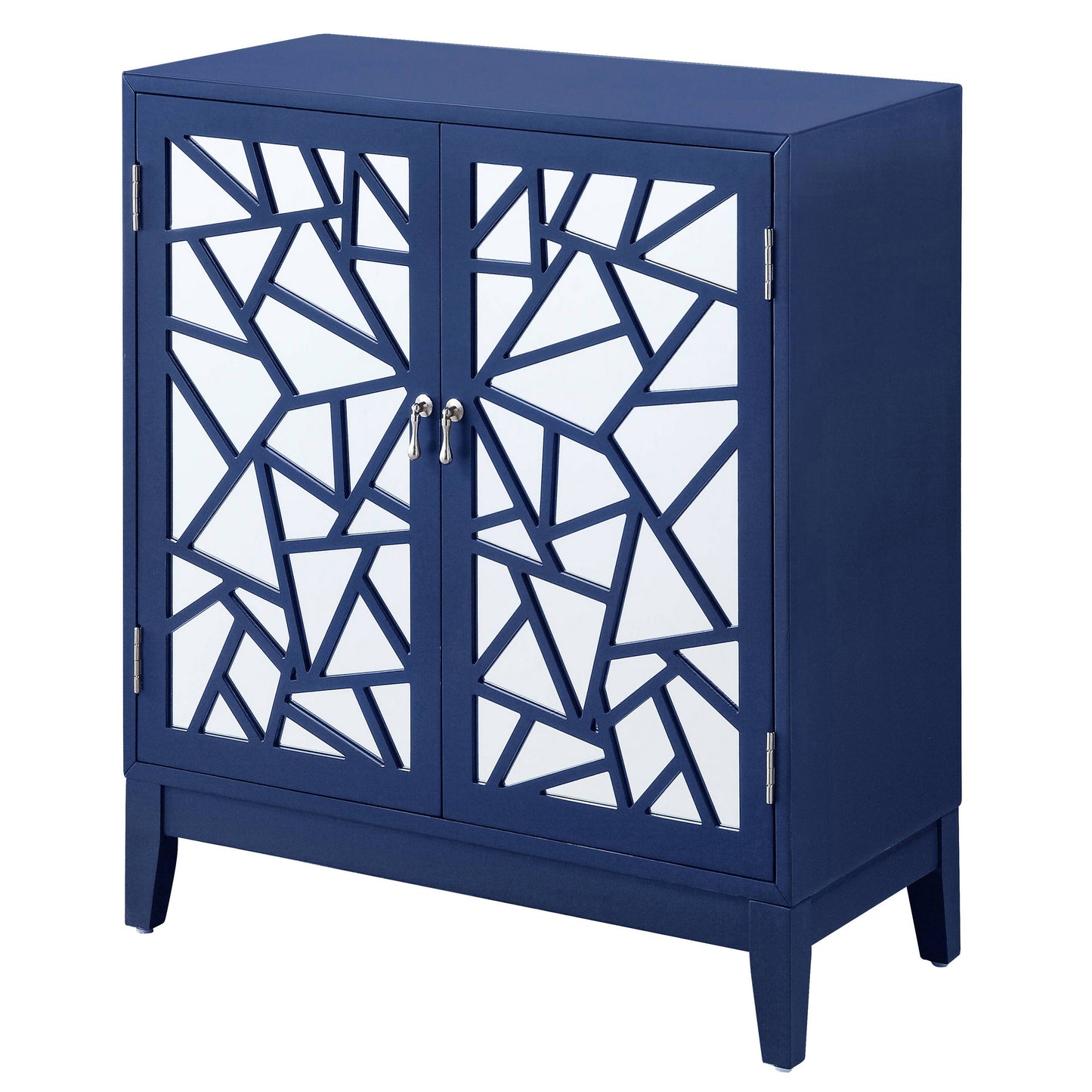 Navy blue cabinet with geometric mirrored doors and silver handles