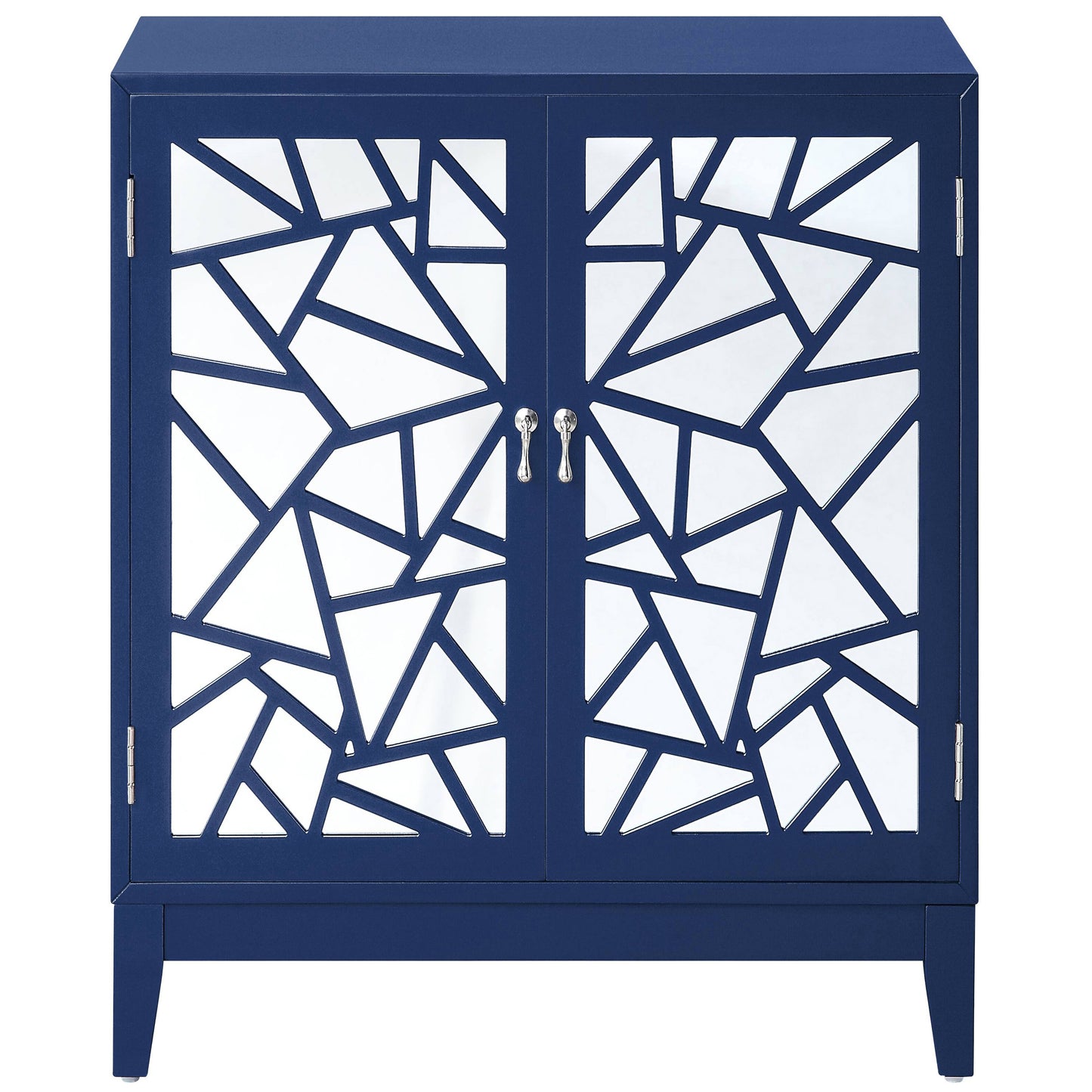 Navy blue accent cabinet with mirrored geometric doors and polished silver hardware