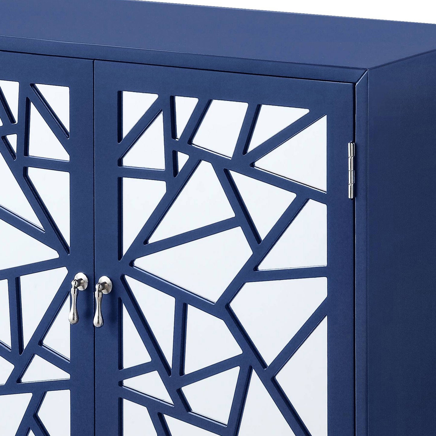 Navy blue cabinet with mirrored geometric doors and silver handles