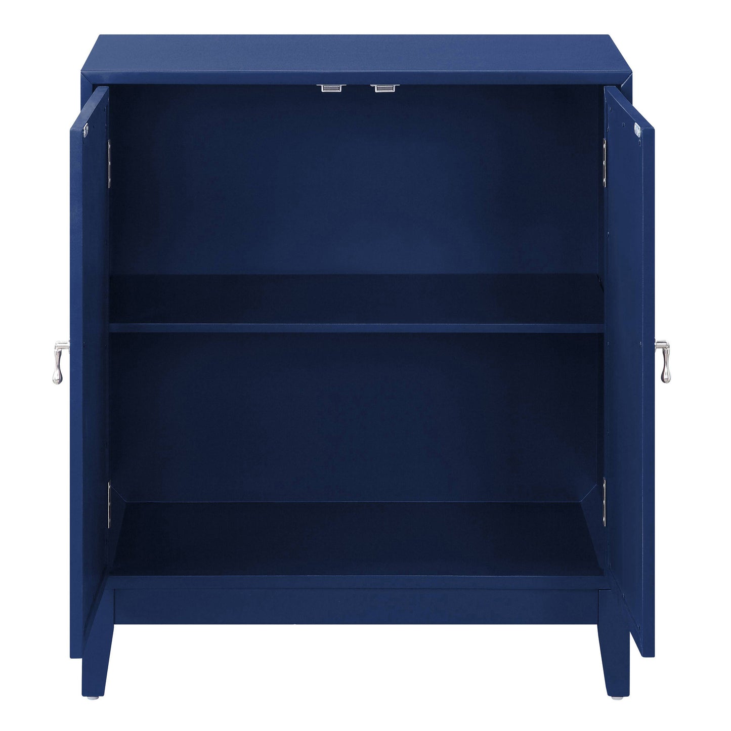 Open navy blue accent cabinet with silver handles and two shelves
