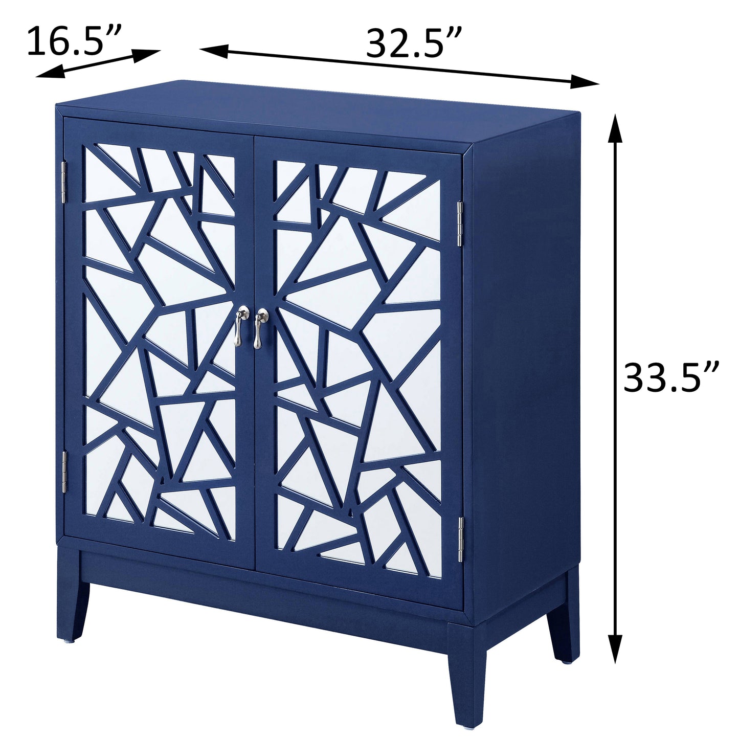 Deep blue cabinet with mirrored geometric doors and silver handles  W