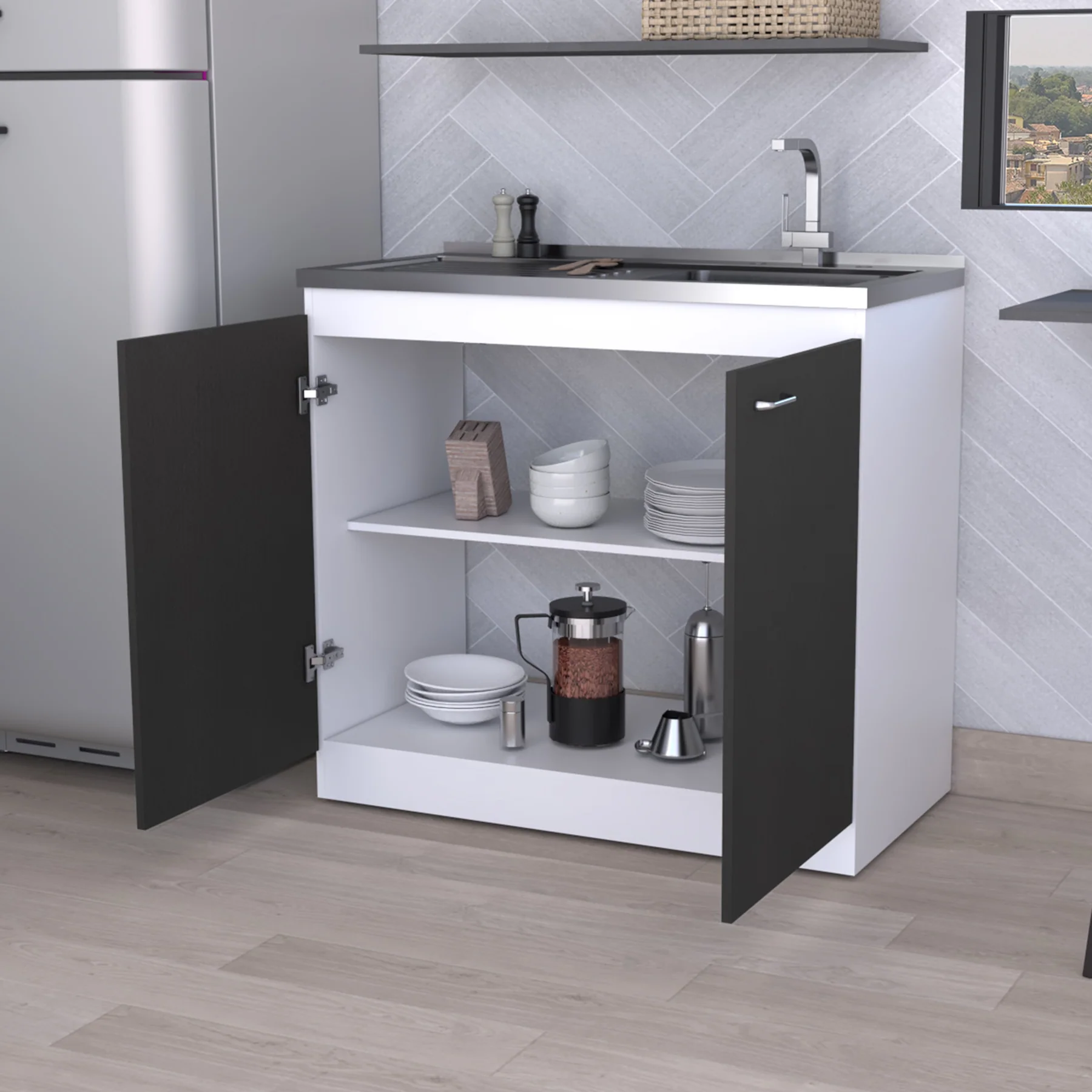 White kitchen cabinet with black doors featuring open shelves and sink