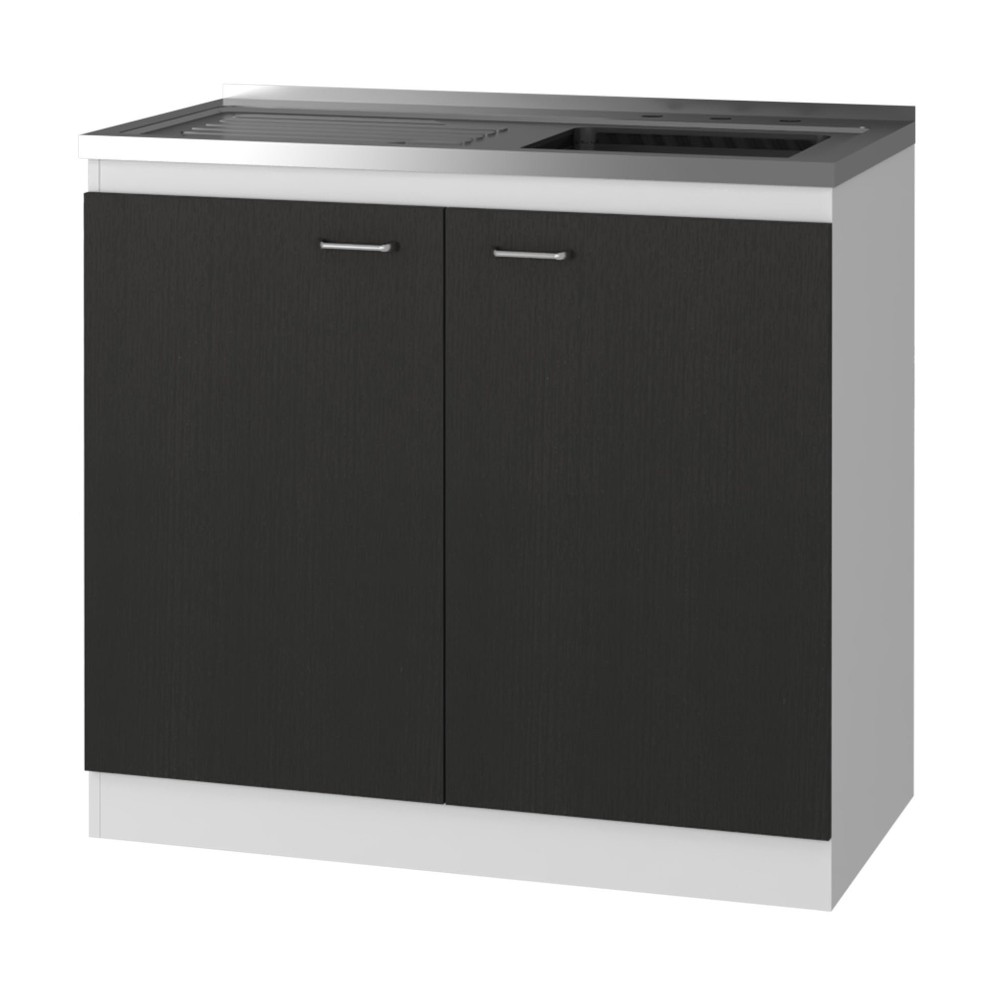 Modern black wood grain kitchen cabinet with silver handles and stainless steel countertop