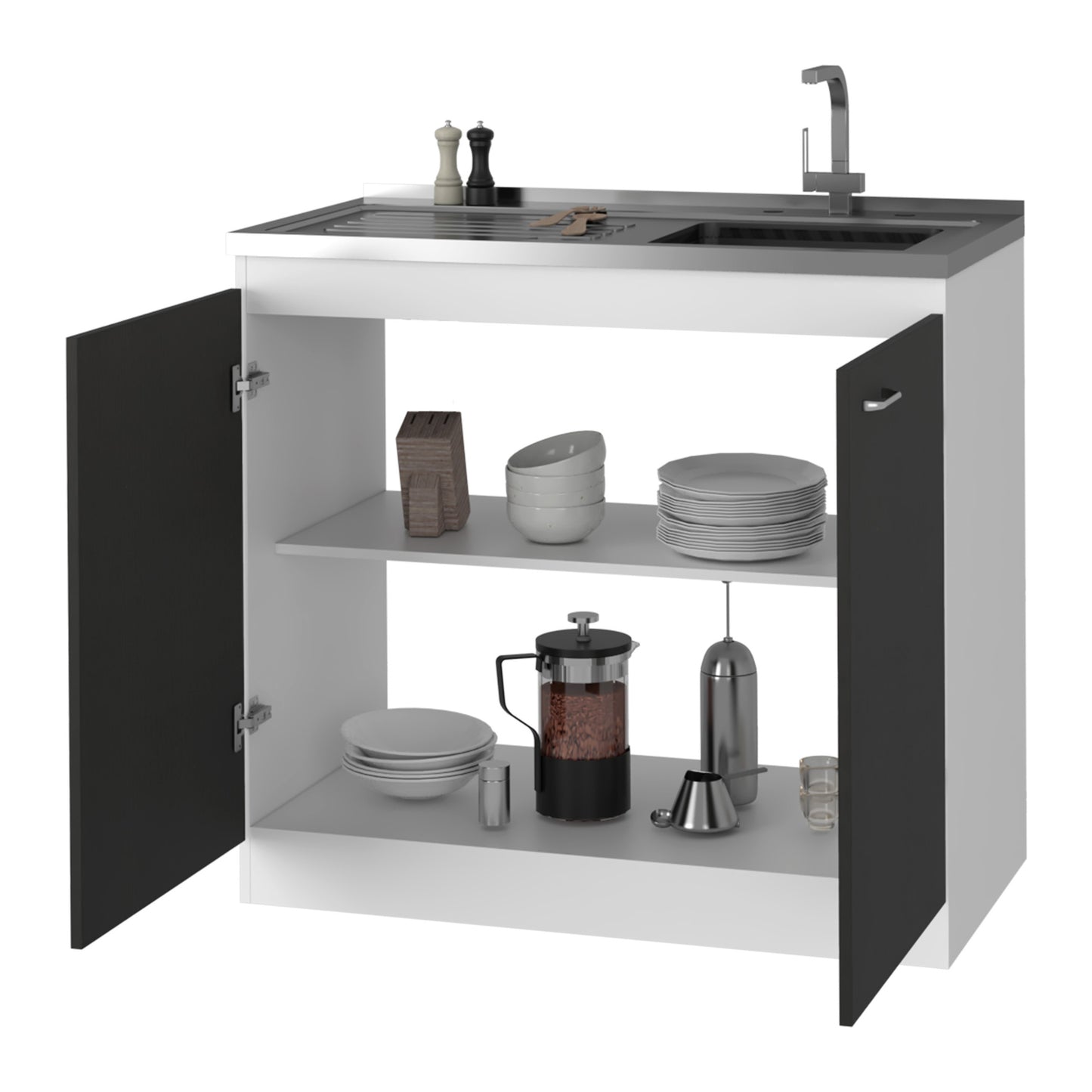 Compact kitchen sink unit with stainless steel basin modern faucet and storage cabinets
