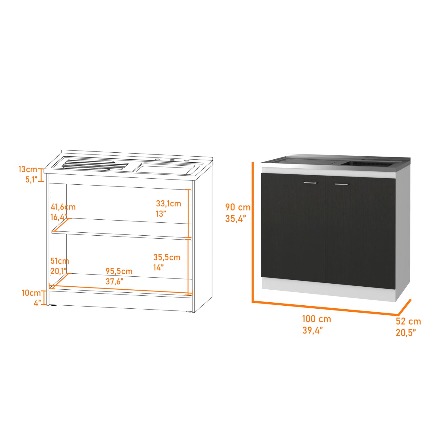 Diagram of a modular kitchen cabinet with sink and open shelf showing dimensions
