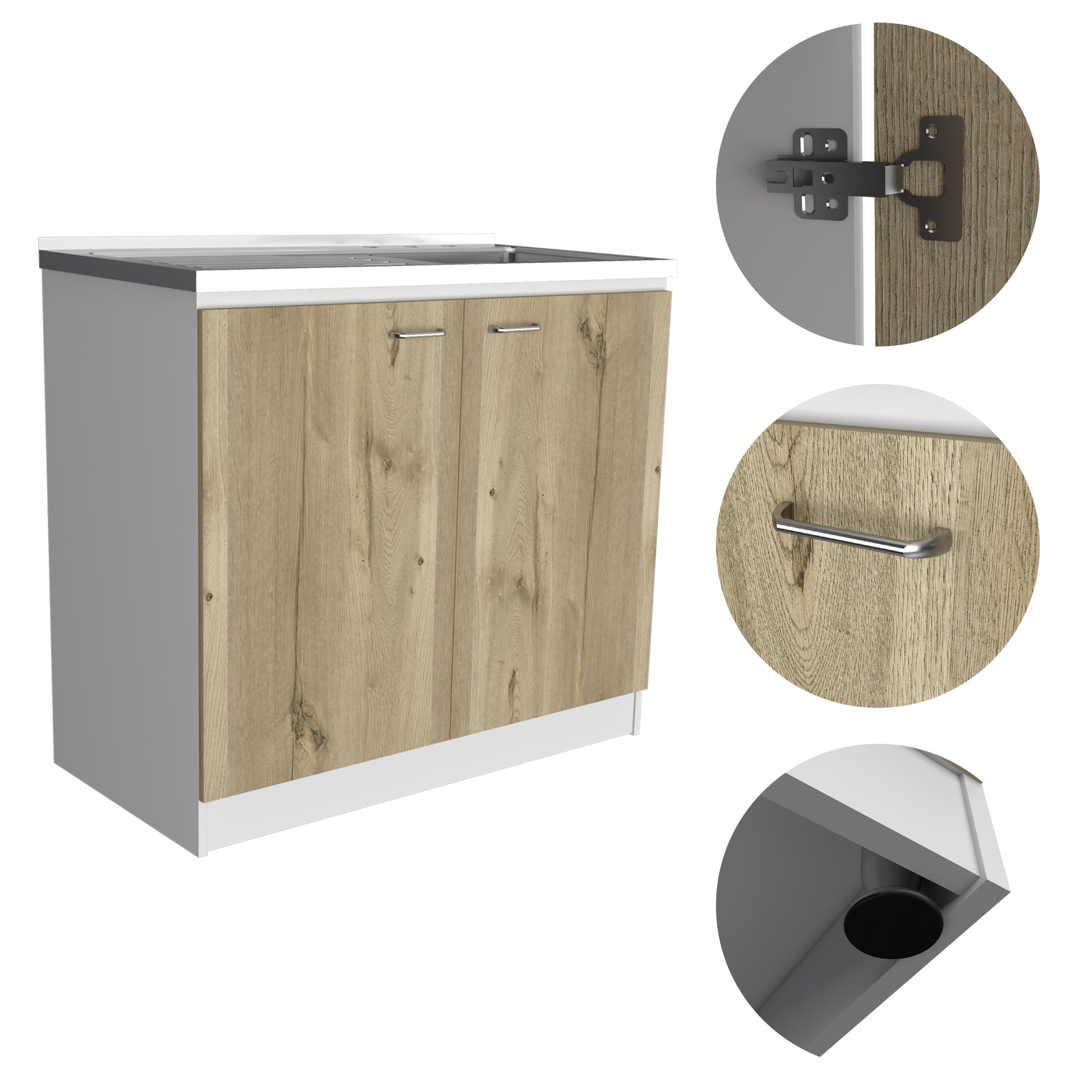 White and wood effect cabinet with two doors and silver handles
