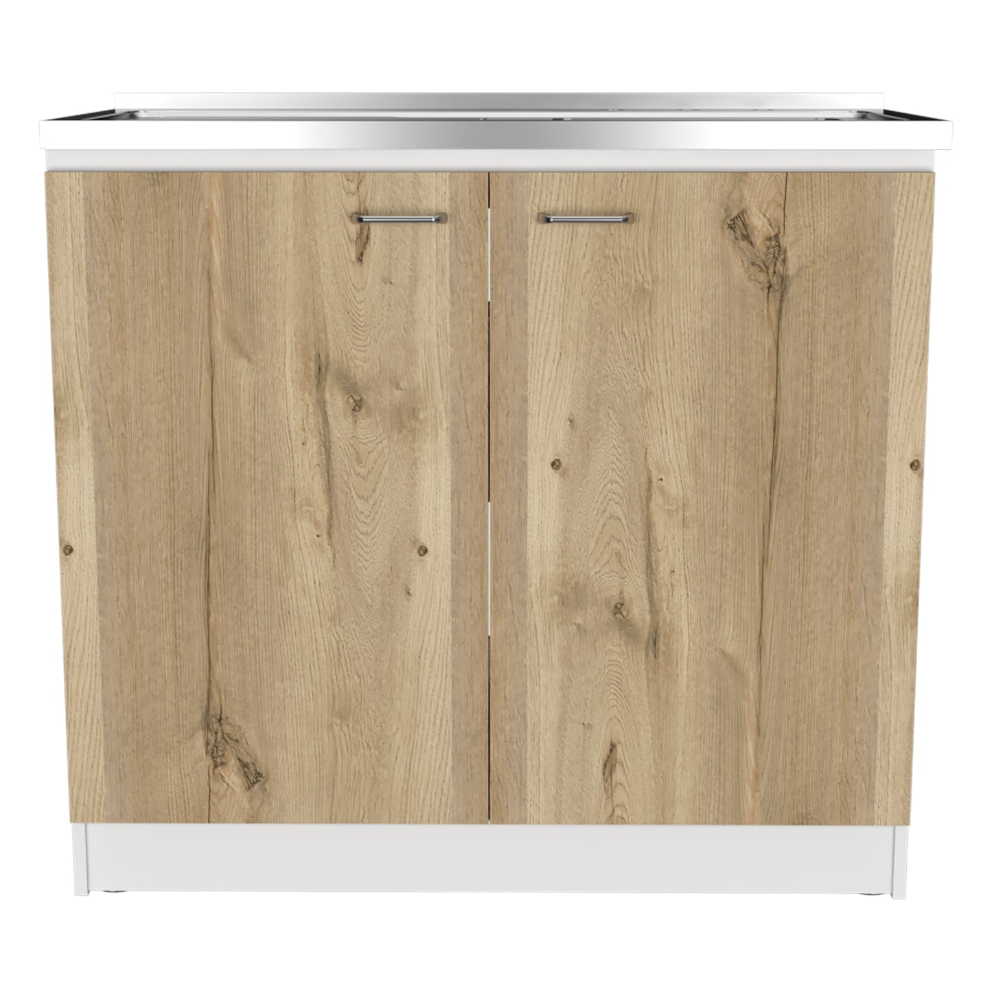 Wooden cabinet with two doors and chrome handles white countertop modern furniture