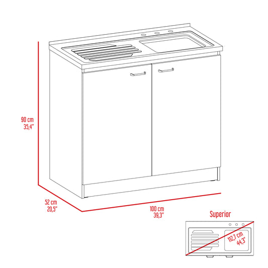 Diagram of a white kitchen cabinet with a double door sink and draining board