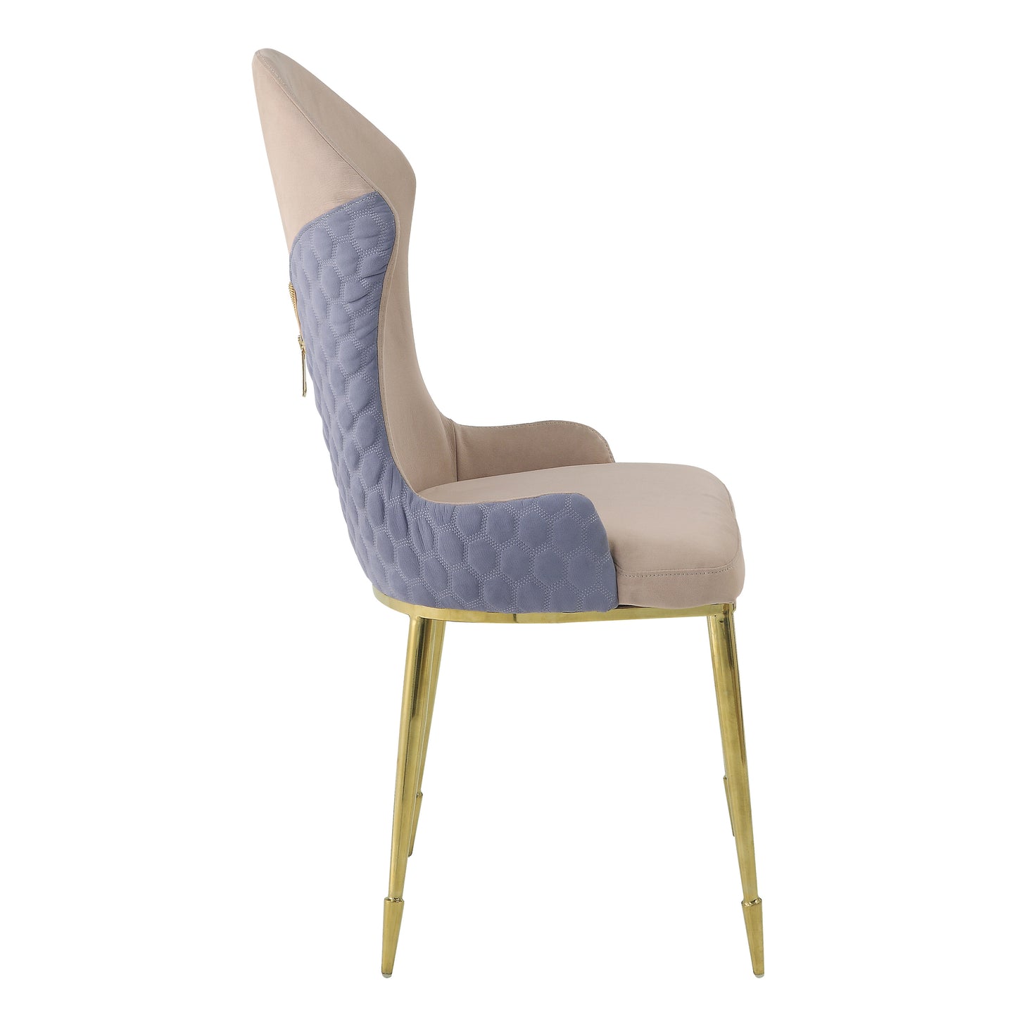 Elegant beige dining chair with quilted blue side panels and gold legs