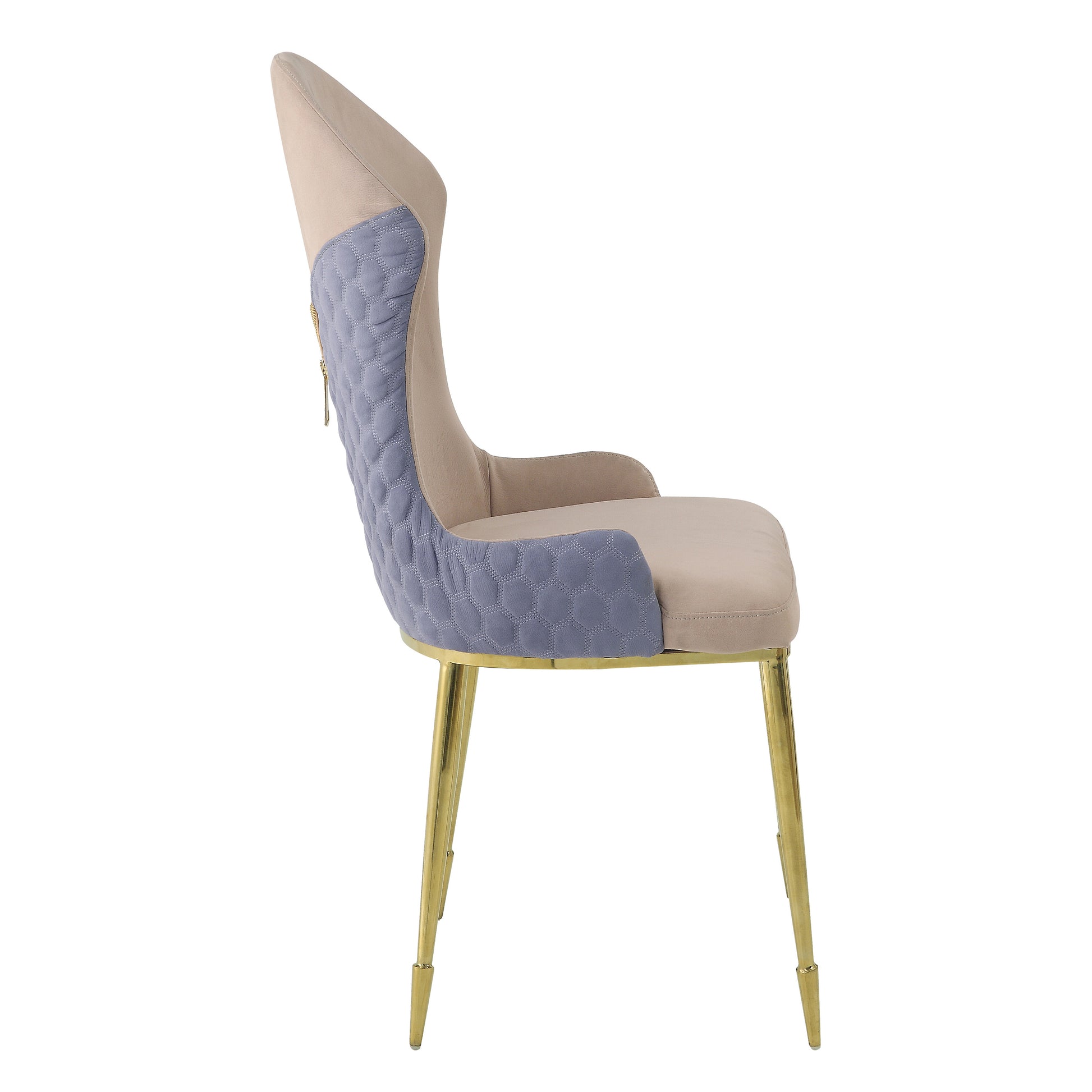 Elegant beige dining chair with quilted blue side panels and gold legs