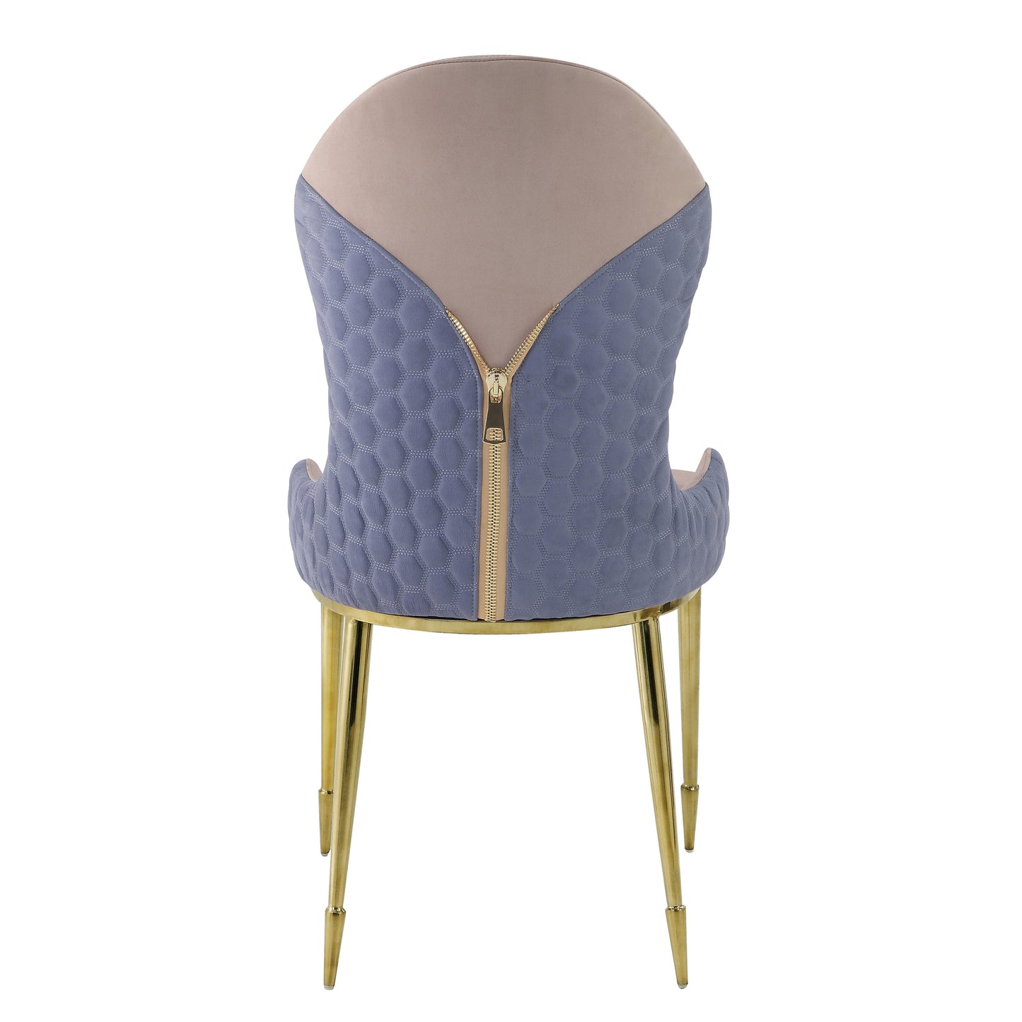 Quilted blue fabric dining chair with beige top and gold zipper detail