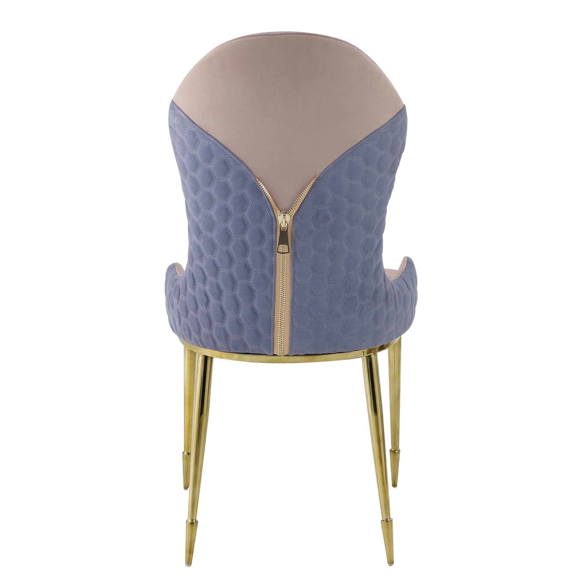 Quilted blue fabric dining chair with beige top and gold zipper detail