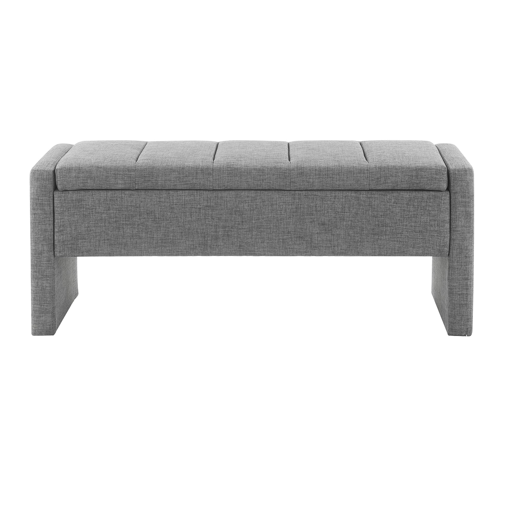 Gray upholstered storage bench with tufted top and clean lines