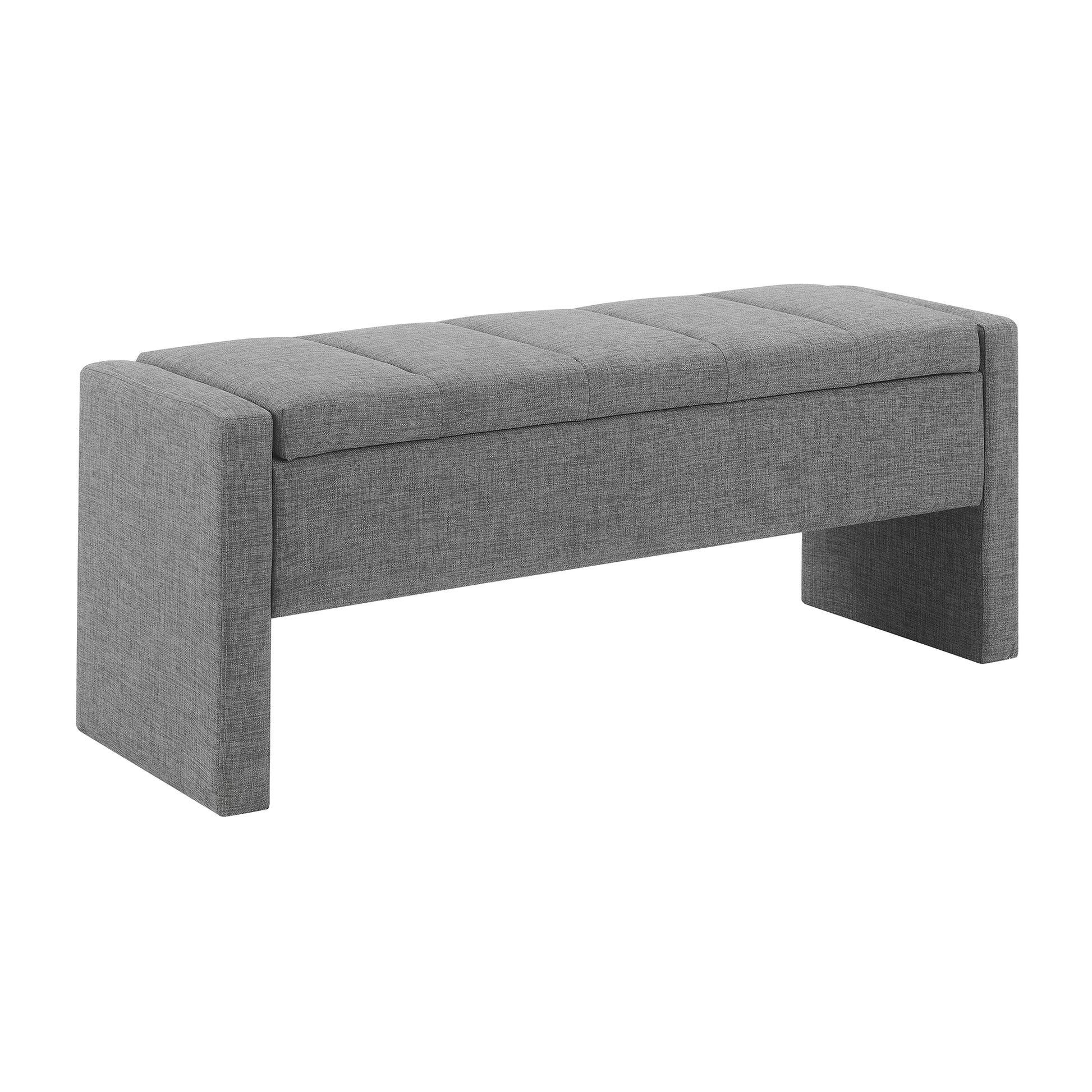 Gray upholstered storage bench with button tufted lid and modern block legs