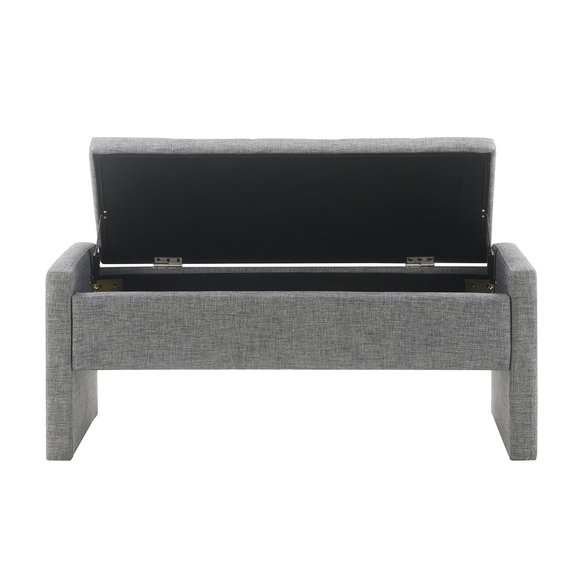 Grey fabric storage bench with lifttop lid open