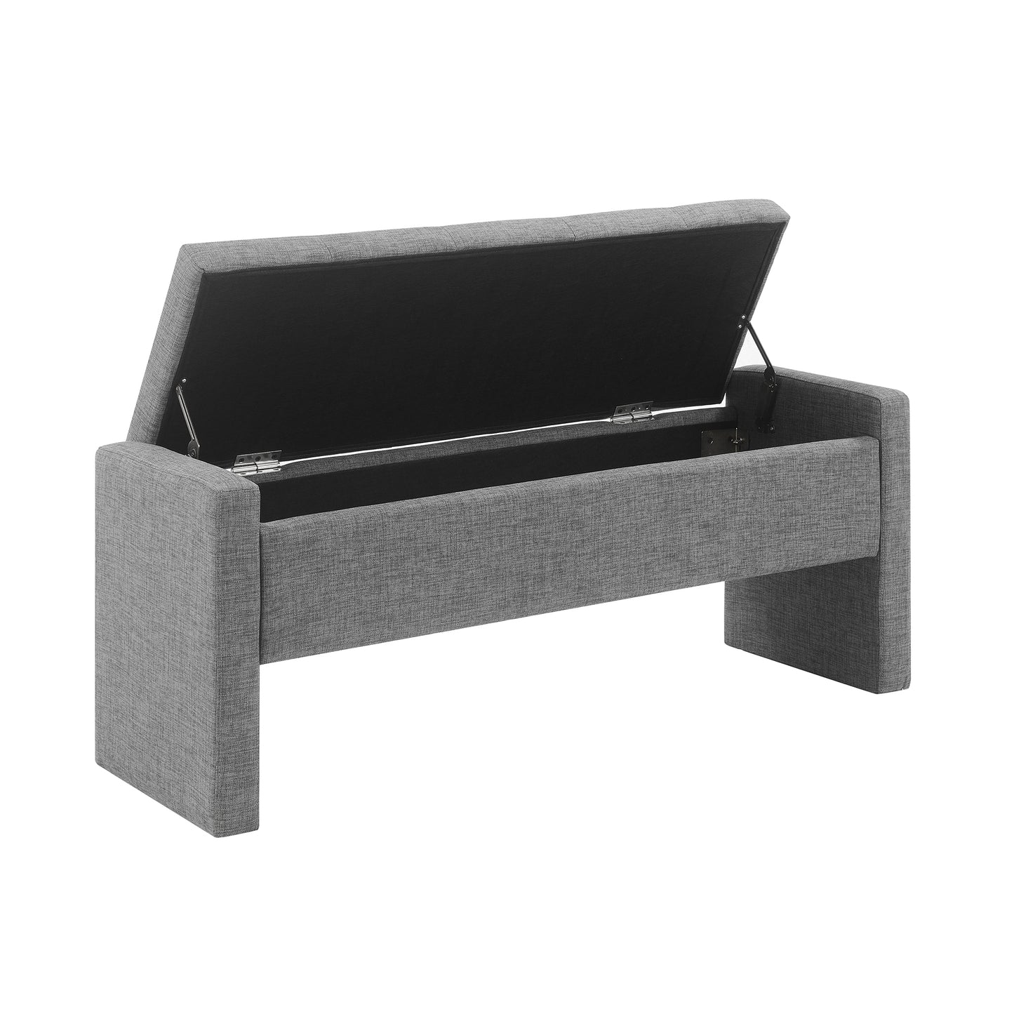 Gray fabric storage bench with lid open