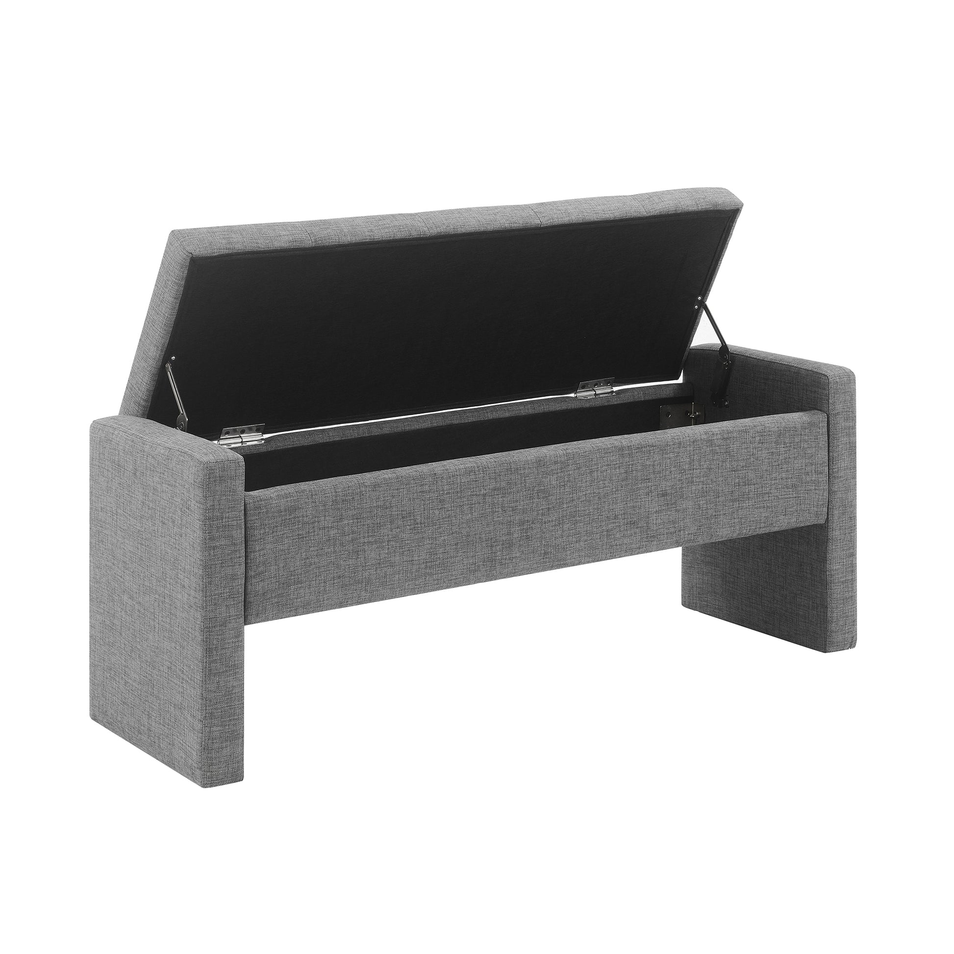Gray fabric storage bench with lid open