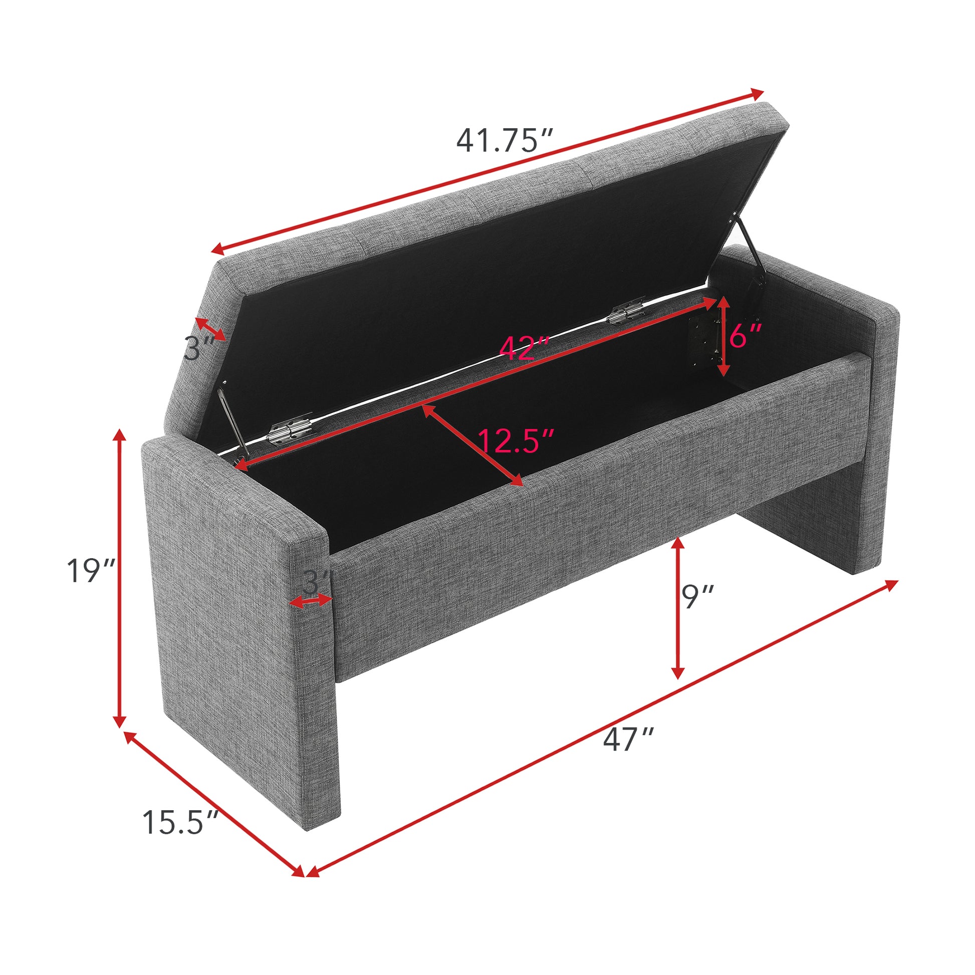 Grey fabric storage bench with open lid showing interior dimensions