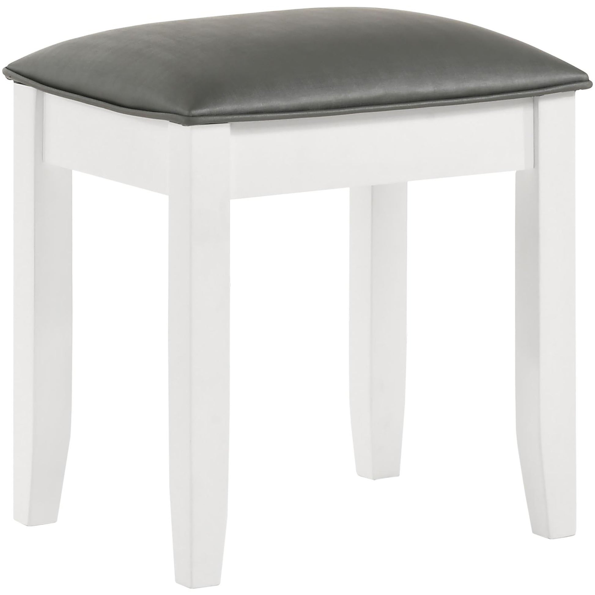 White vanity stool with a padded grey faux leather seat and square legs