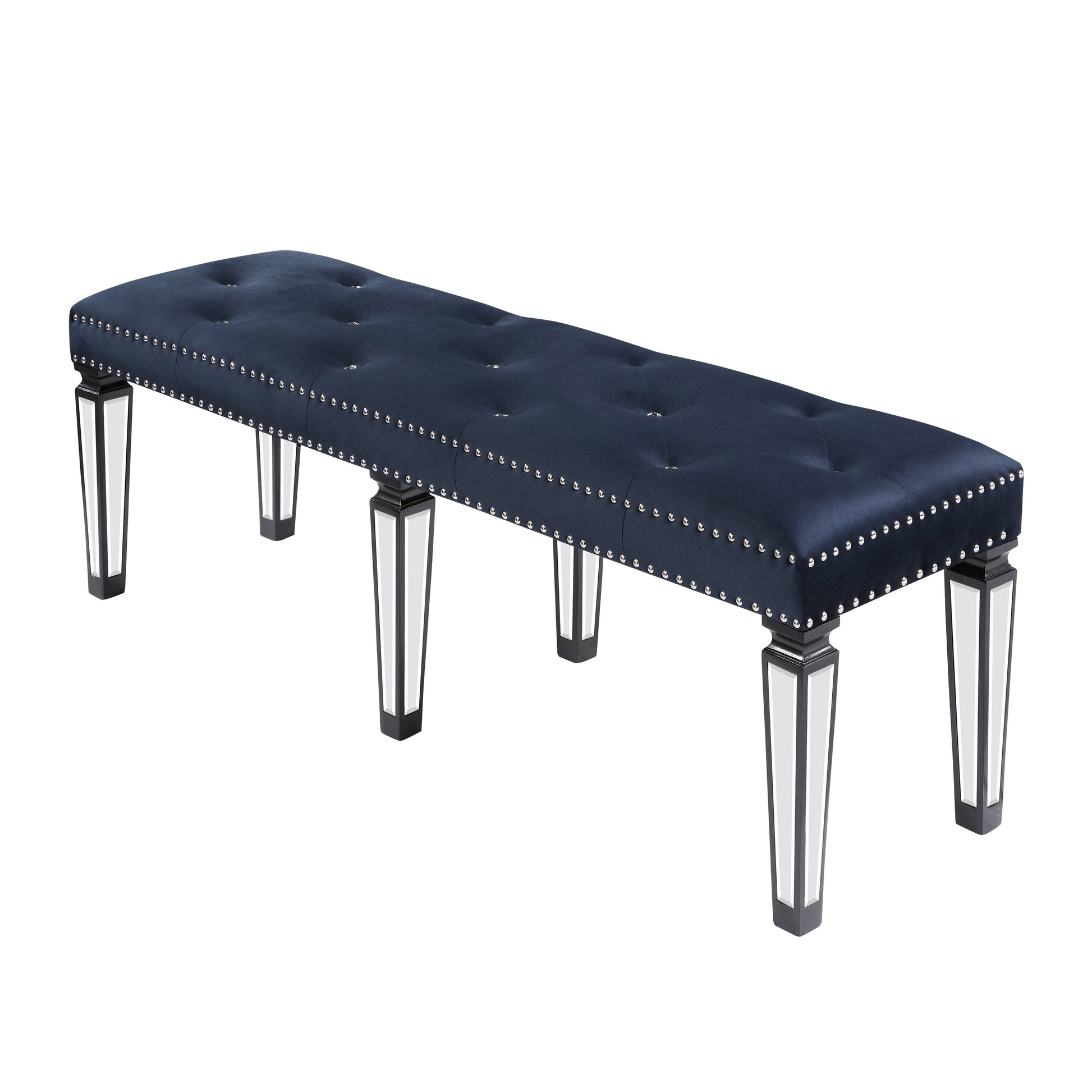 Deep navy velvet bench with tufted top and silver nailhead trim on mirrored legs