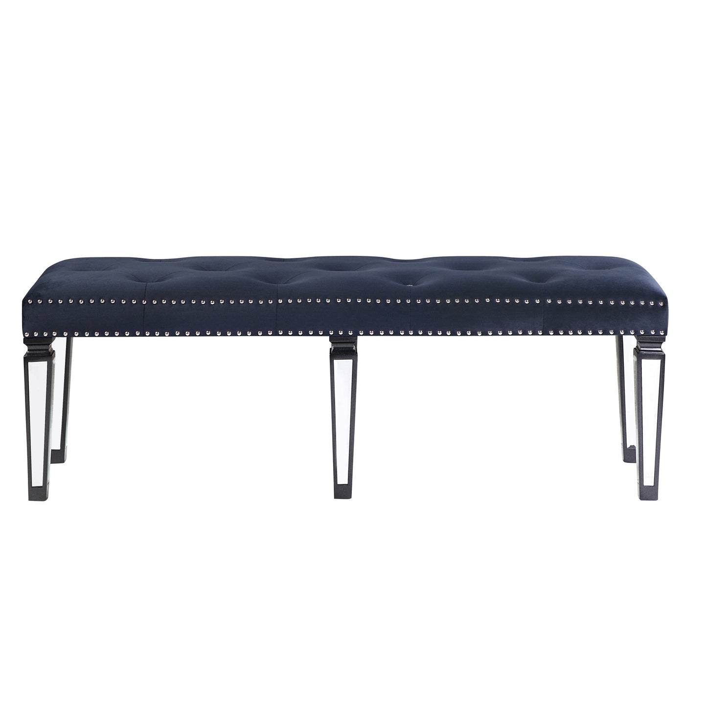 Dark blue velvet tufted bench with silver nailhead trim and modern legs