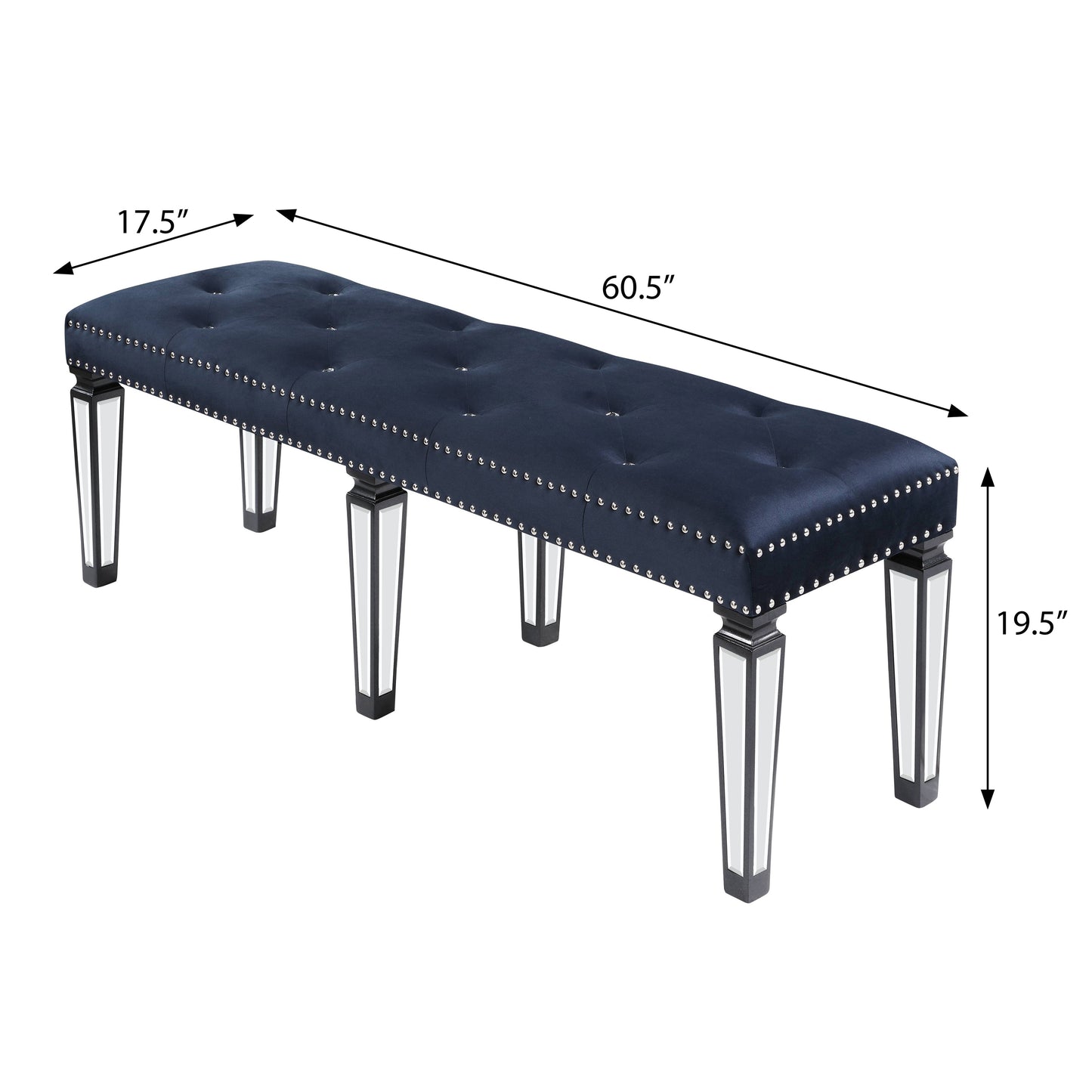 Tufted navy velvet bench with silver nailhead trim and mirrored legs