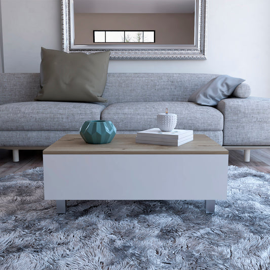 Modern white coffee table with oak wood top and silver legs