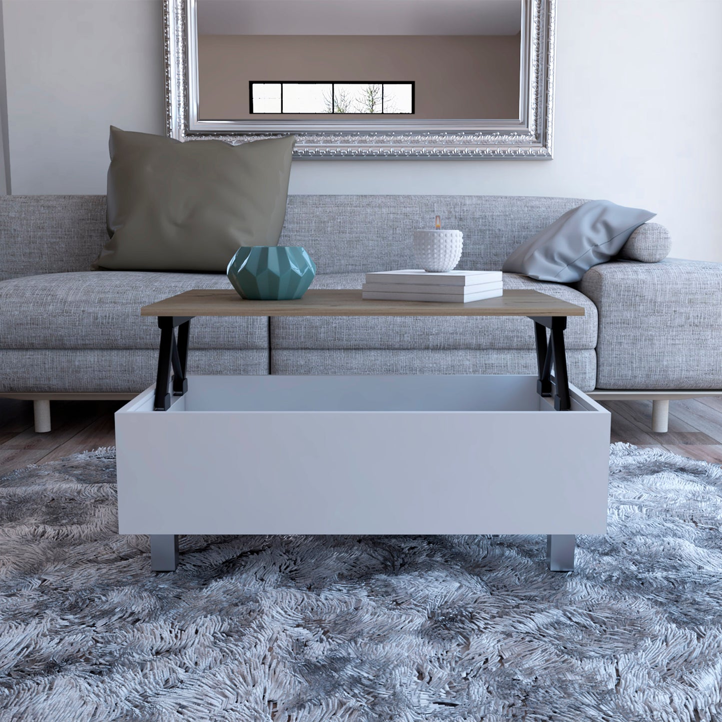White lift top coffee table with wood grain surface in a modern living room