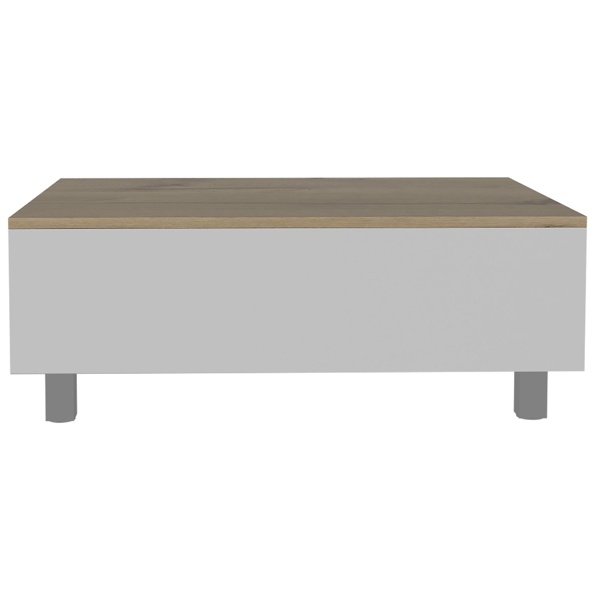 Modern light grey low cabinet with a wood grain top and four short legs