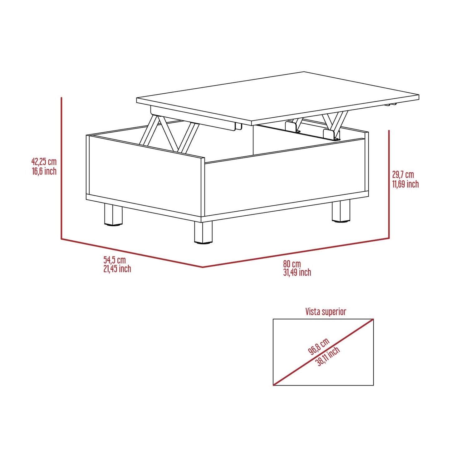Lifttop coffee table blueprint with dimensions  cm height  cm depth  cm width  cm length
