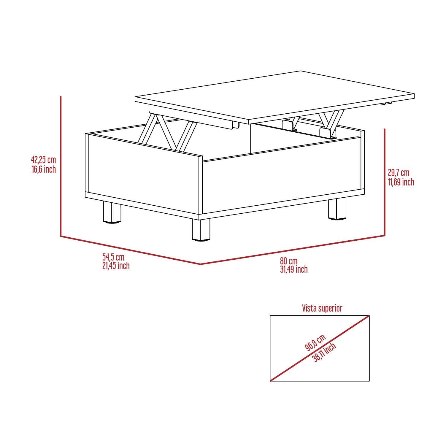 Lifttop coffee table blueprint with dimensions  cm height  cm depth  cm width  cm length