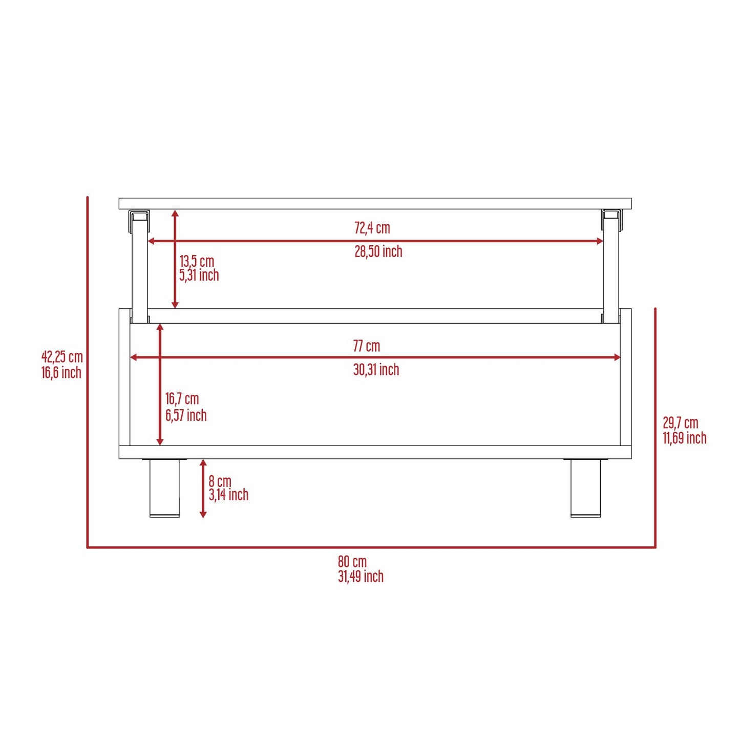 Detailed technical drawing of a modern coffee table showing dimensions in cm and inches