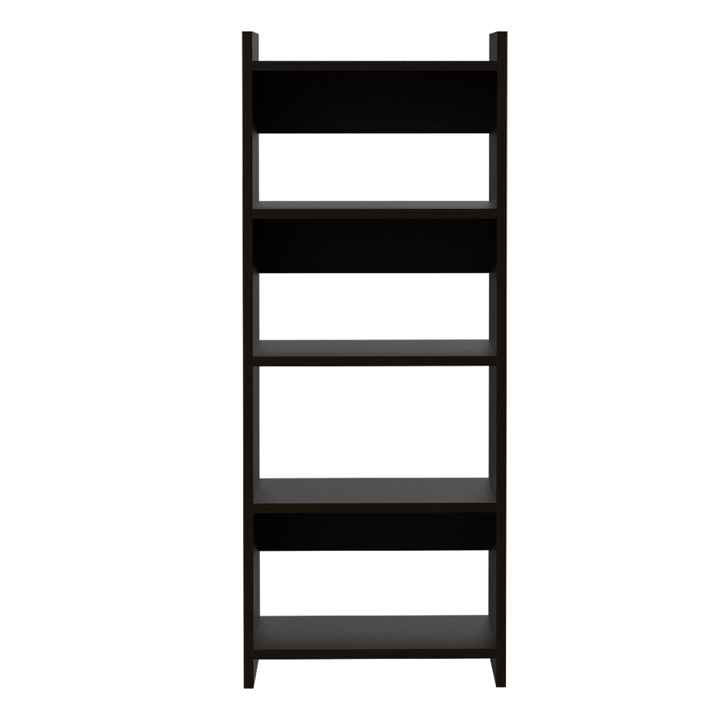 Sleek black ladder bookshelf with five open shelves perfect for modern living room storage