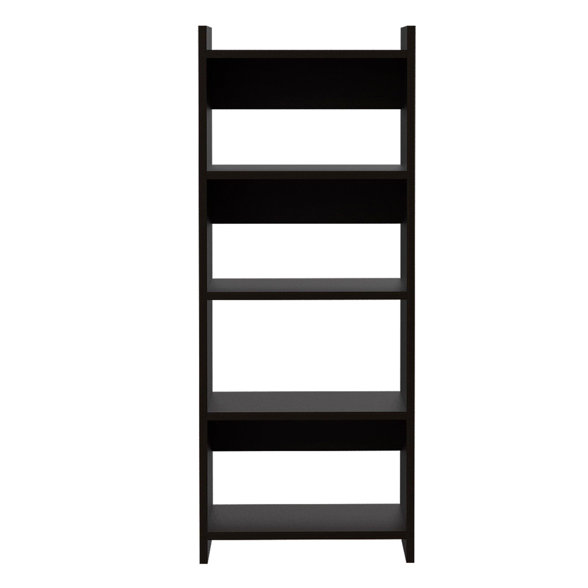 Sleek black ladder bookshelf with five open shelves perfect for modern living room storage