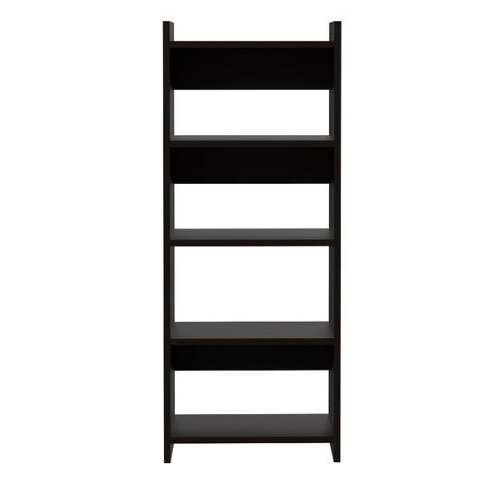 Sleek black ladder bookshelf with five open shelves perfect for modern living room storage