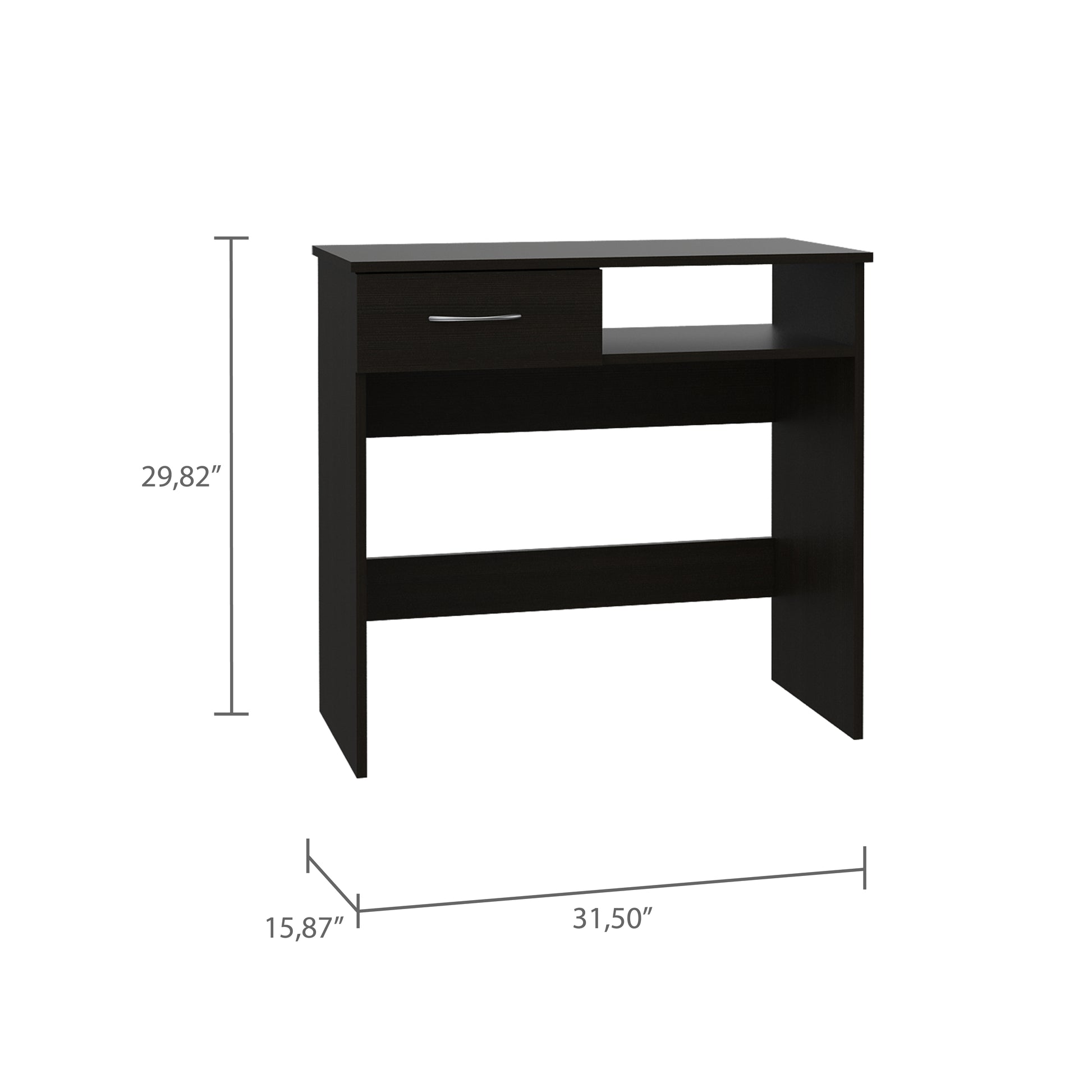Dark brown modern console table with one drawer and open shelf