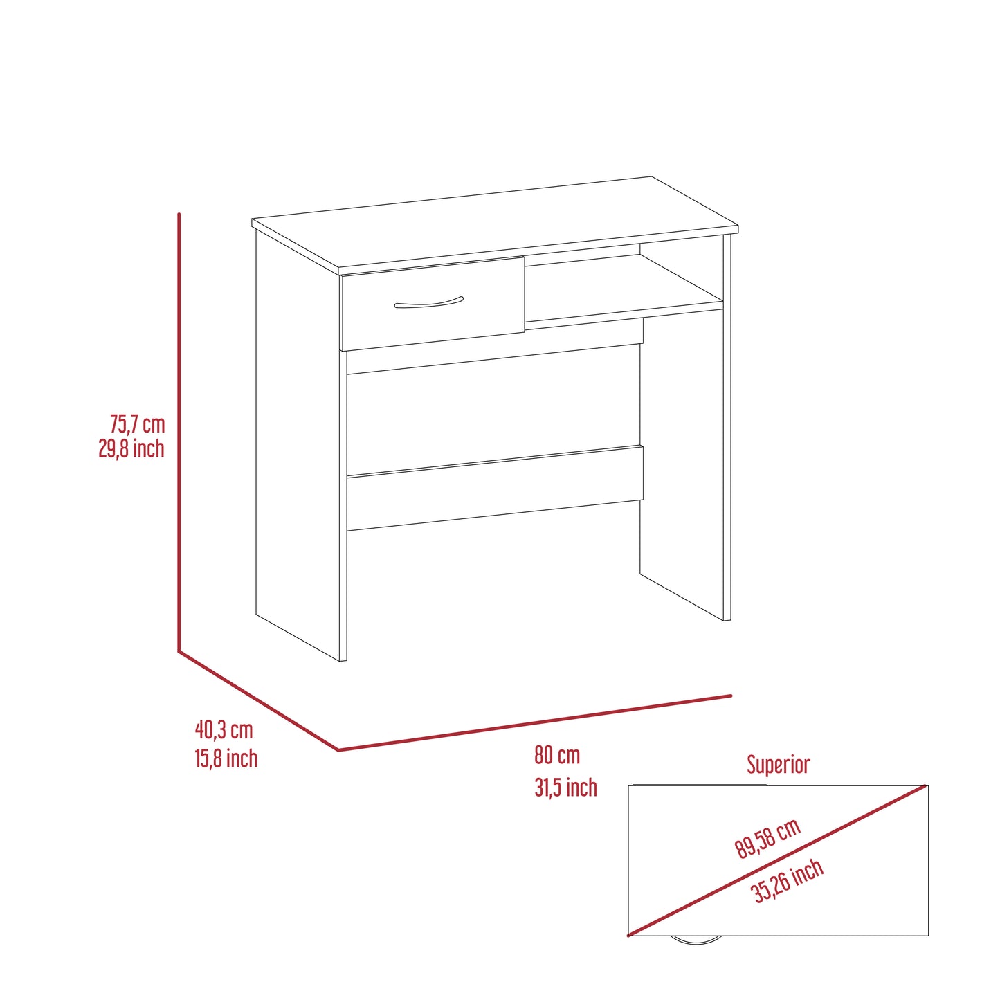 Minimalist desk with one drawer and open shelf space white finish ideal for compact home offices