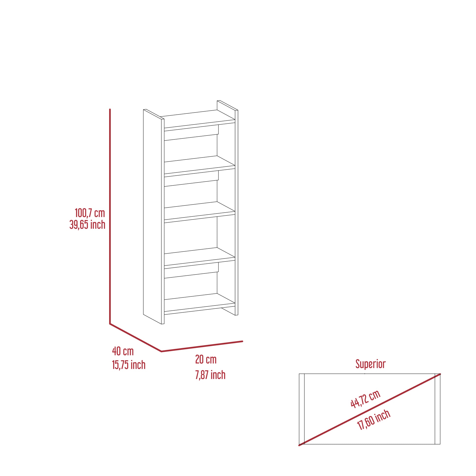 Line drawing of a tall narrow fiveshelf bookcase with dimensions indicated