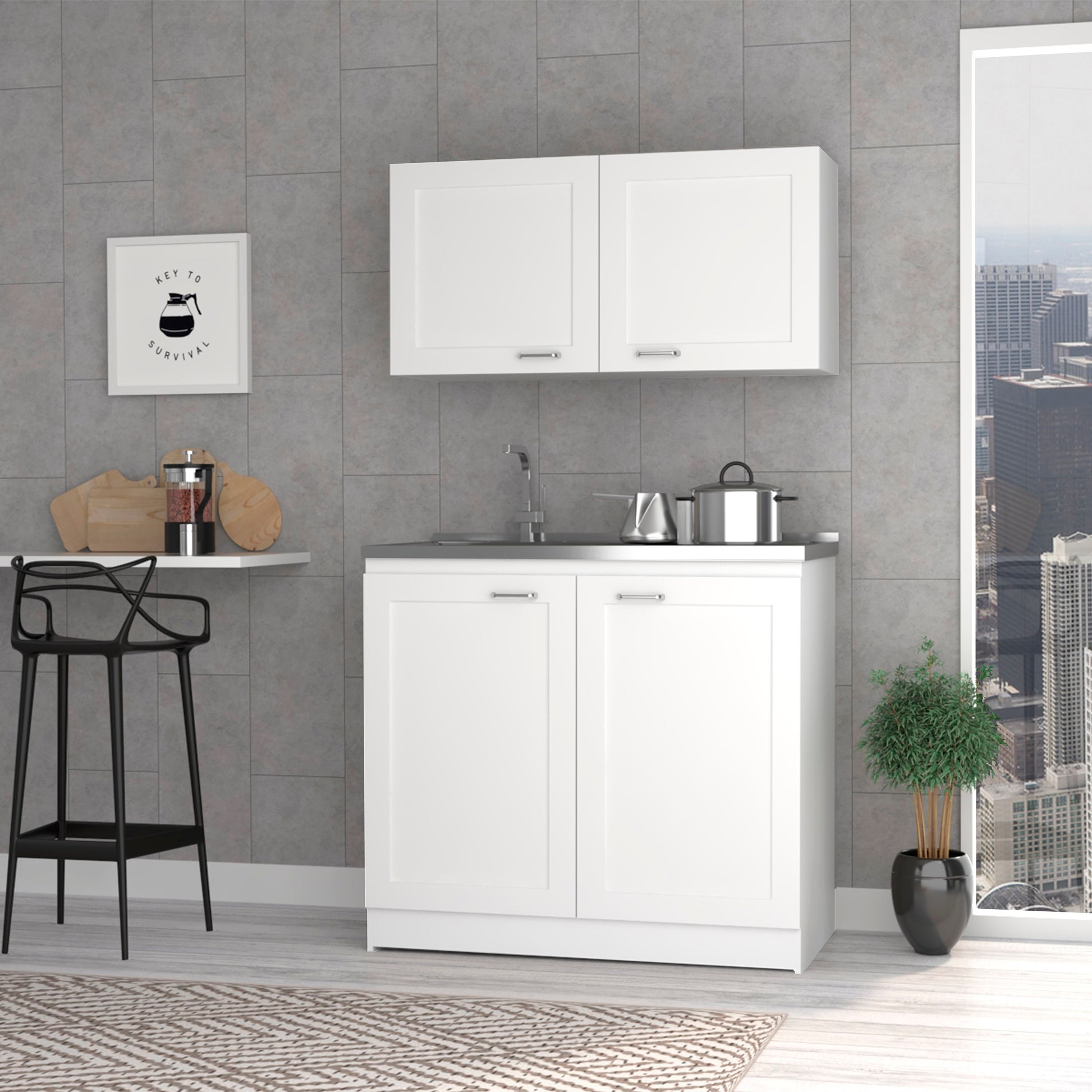 White modular kitchen cabinet with stainless steel countertop and sink