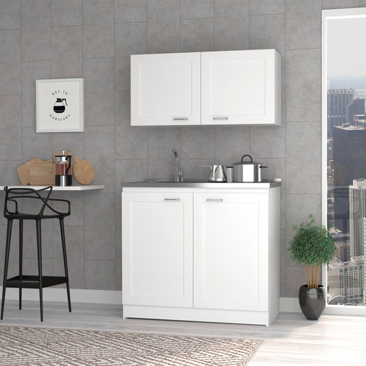 White modular kitchen cabinet with stainless steel countertop and sink