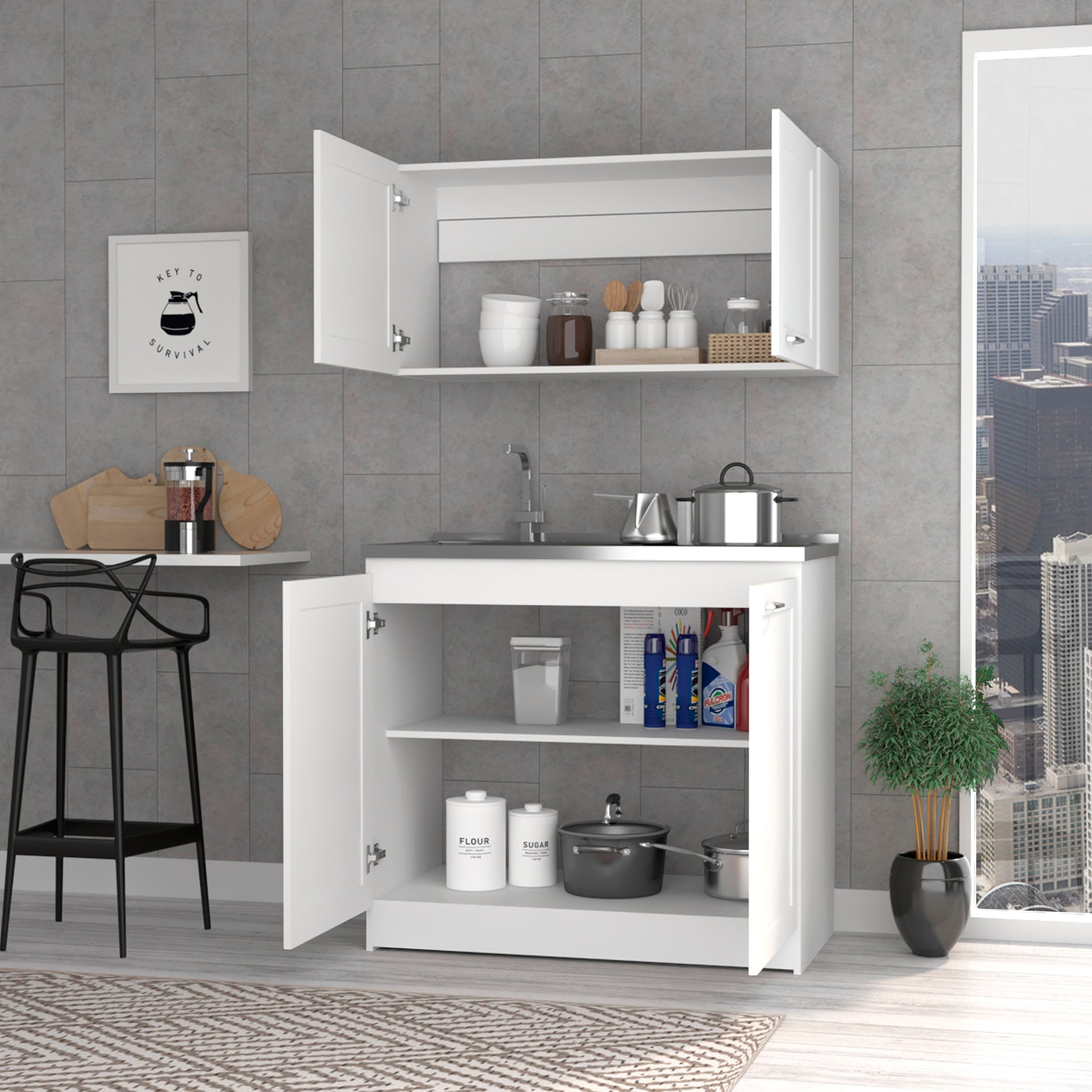 White kitchen sink and cabinet with stainless steel countertop ideal for small spaces