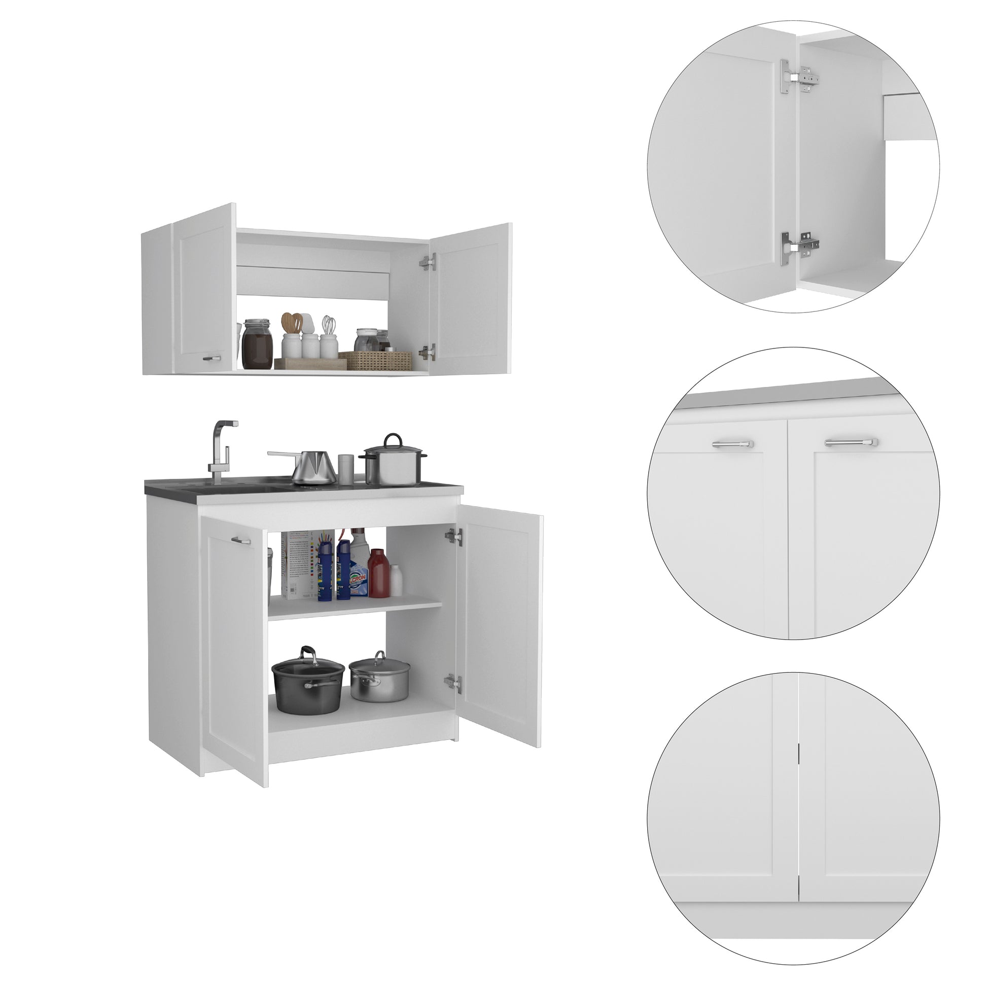 White modern kitchen cabinet set with sink and storage