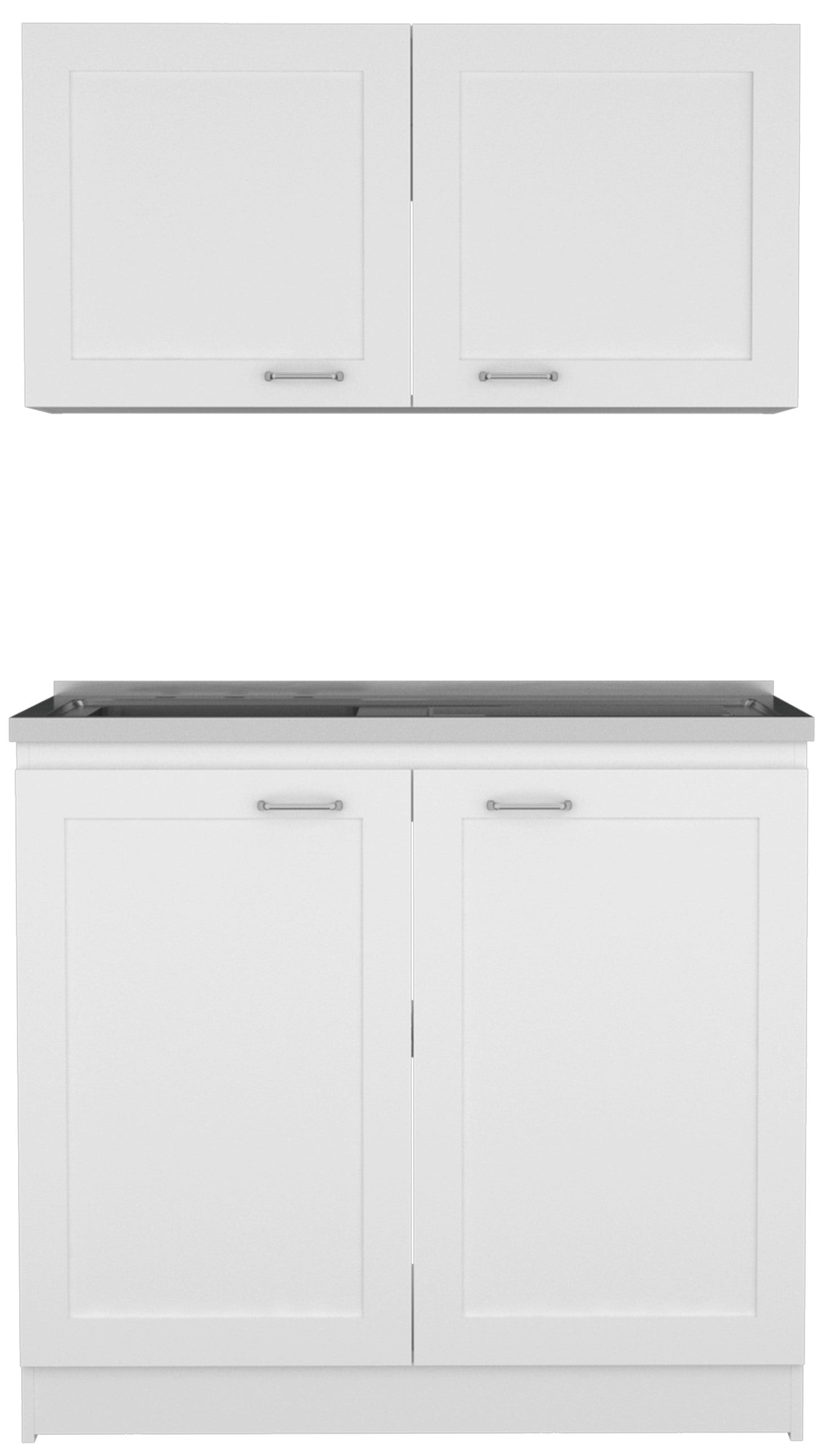 Modern white shaker kitchen cabinet set with stainless steel sink and silver handles